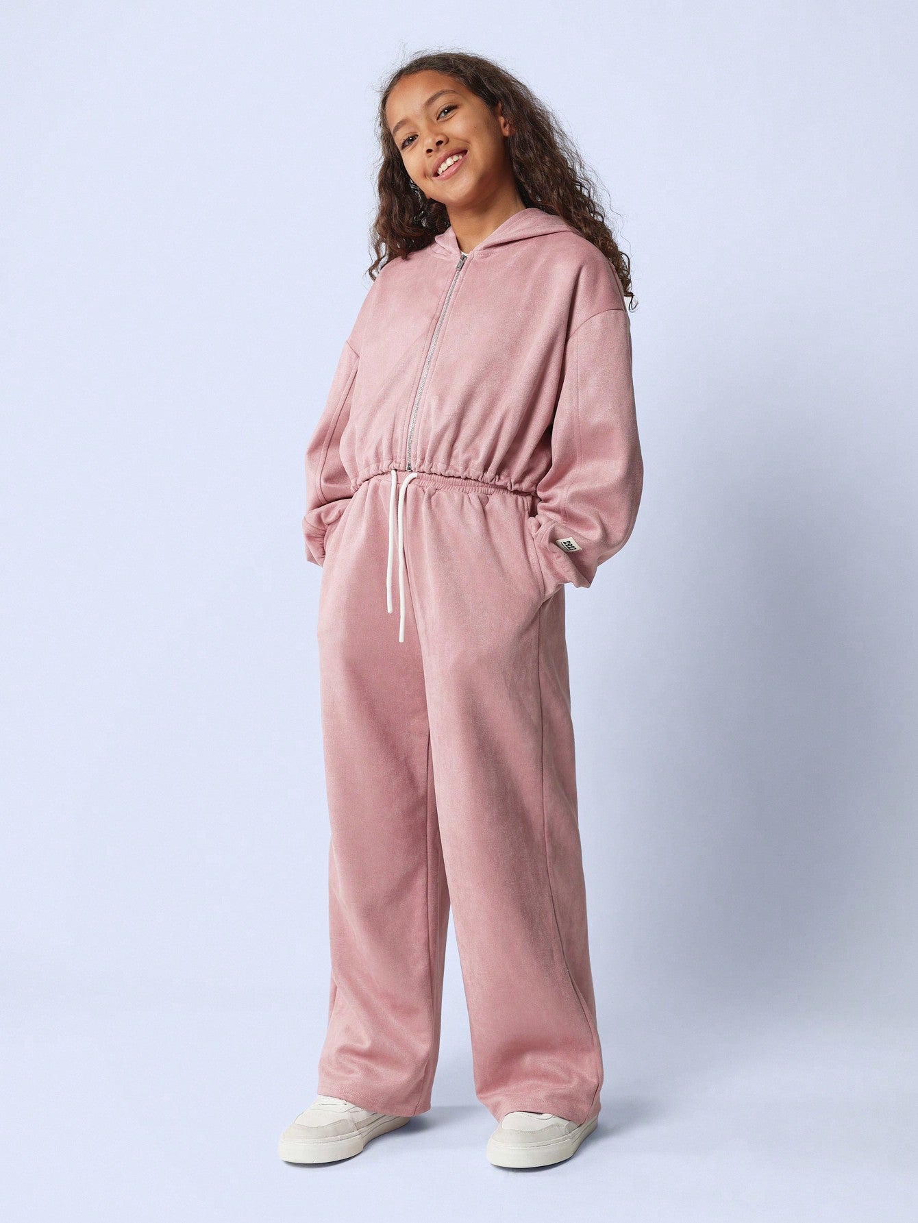 Tween Girls Comfy Essential Suedette Zip Through Elastic Hem Hoodie And Wide Leg Sweatpants 2 Piece Set