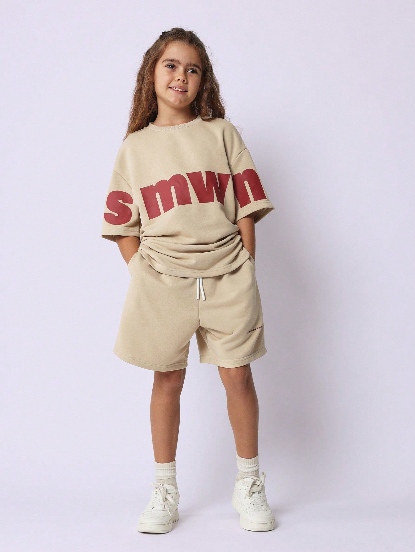 Tween Girls Oversized Tee And Short With Letter Graphic Print 2 Piece Set