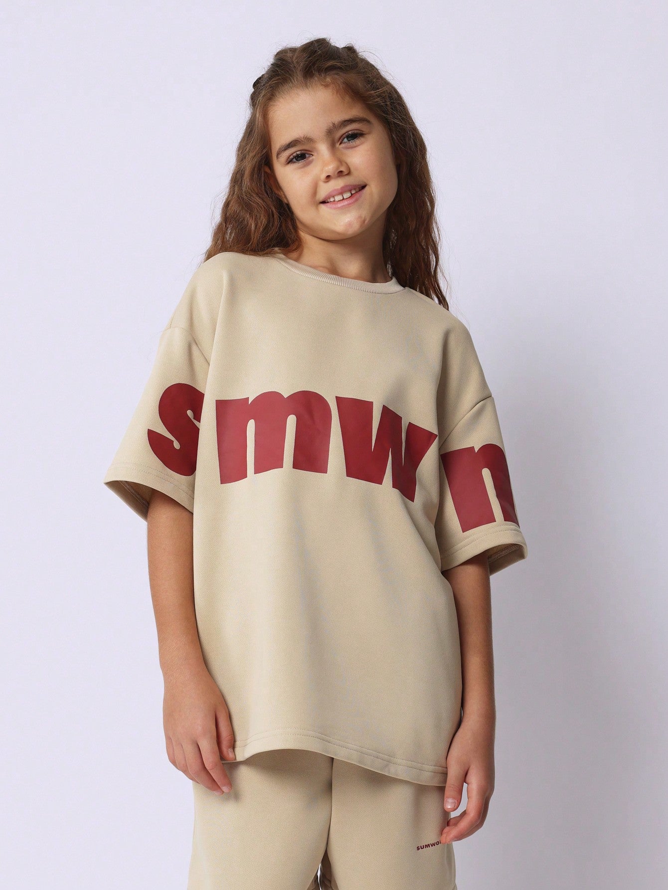 Tween Girls Oversized Tee And Short With Letter Graphic Print 2 Piece Set