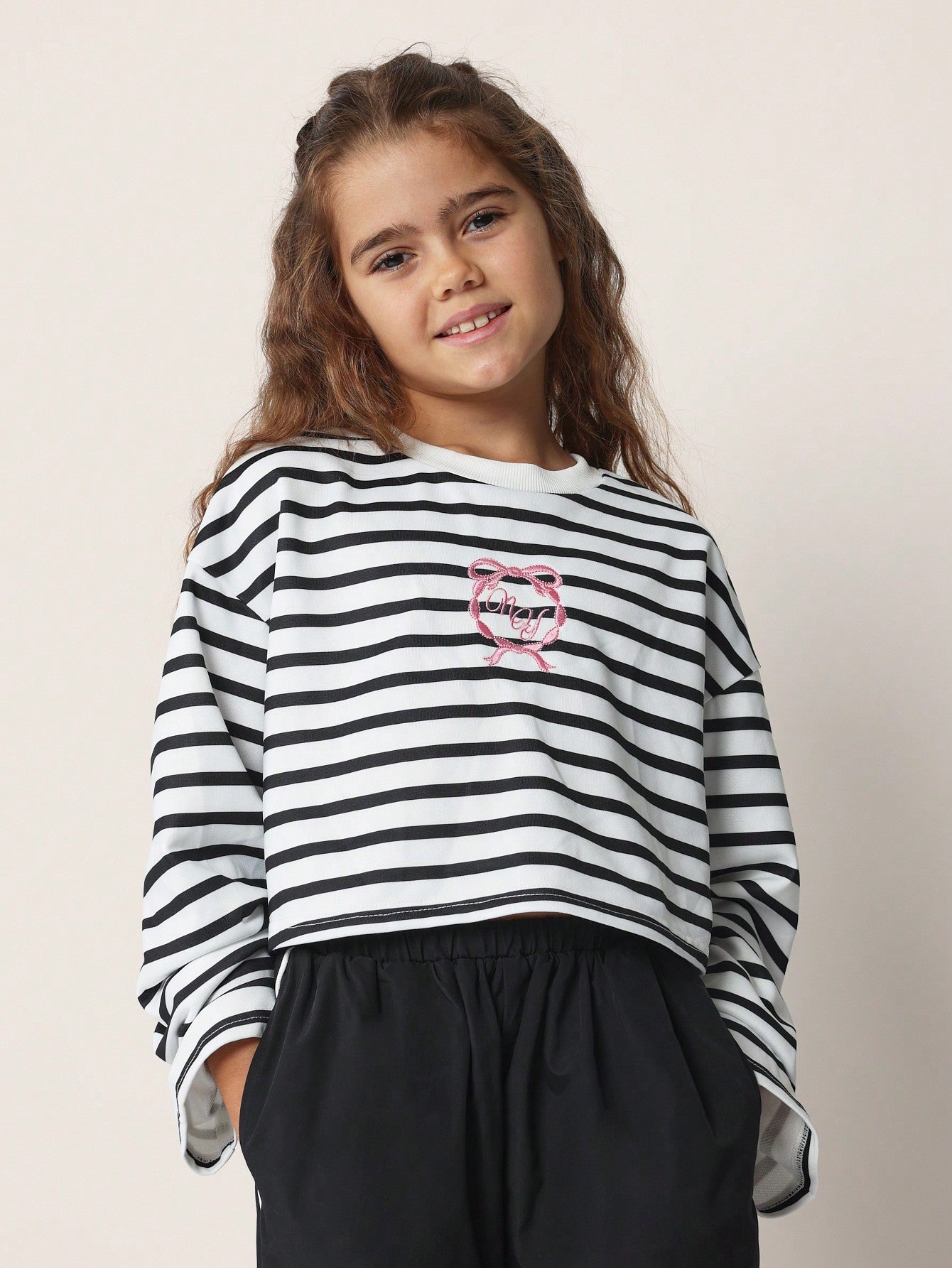 Tween Girls Comfy Stripe Boxy Fit Long Sleeve Tee With Pink Embroidery