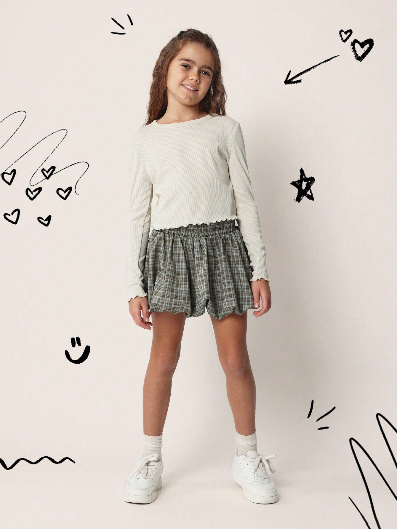 Tween Girls Comfy Rib Long Sleeve Tee With Puffball Check Mini Skirt 2 Piece Set