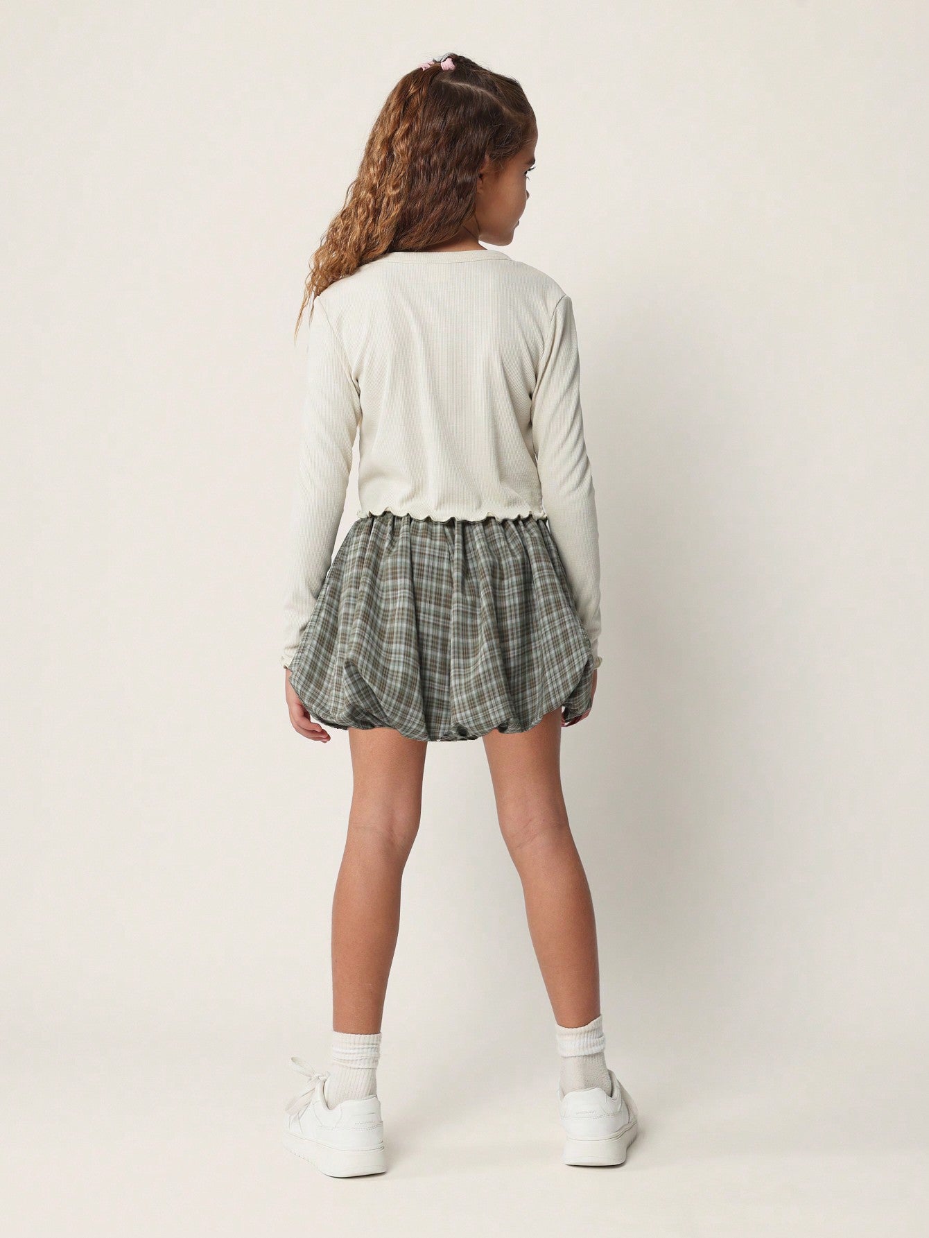 Tween Girls Comfy Rib Long Sleeve Tee With Puffball Check Mini Skirt 2 Piece Set