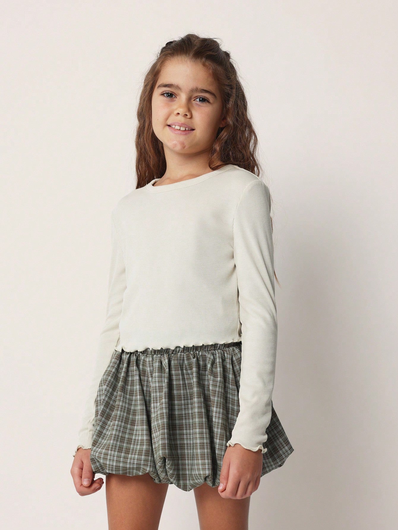 Tween Girls Comfy Rib Long Sleeve Tee With Puffball Check Mini Skirt 2 Piece Set