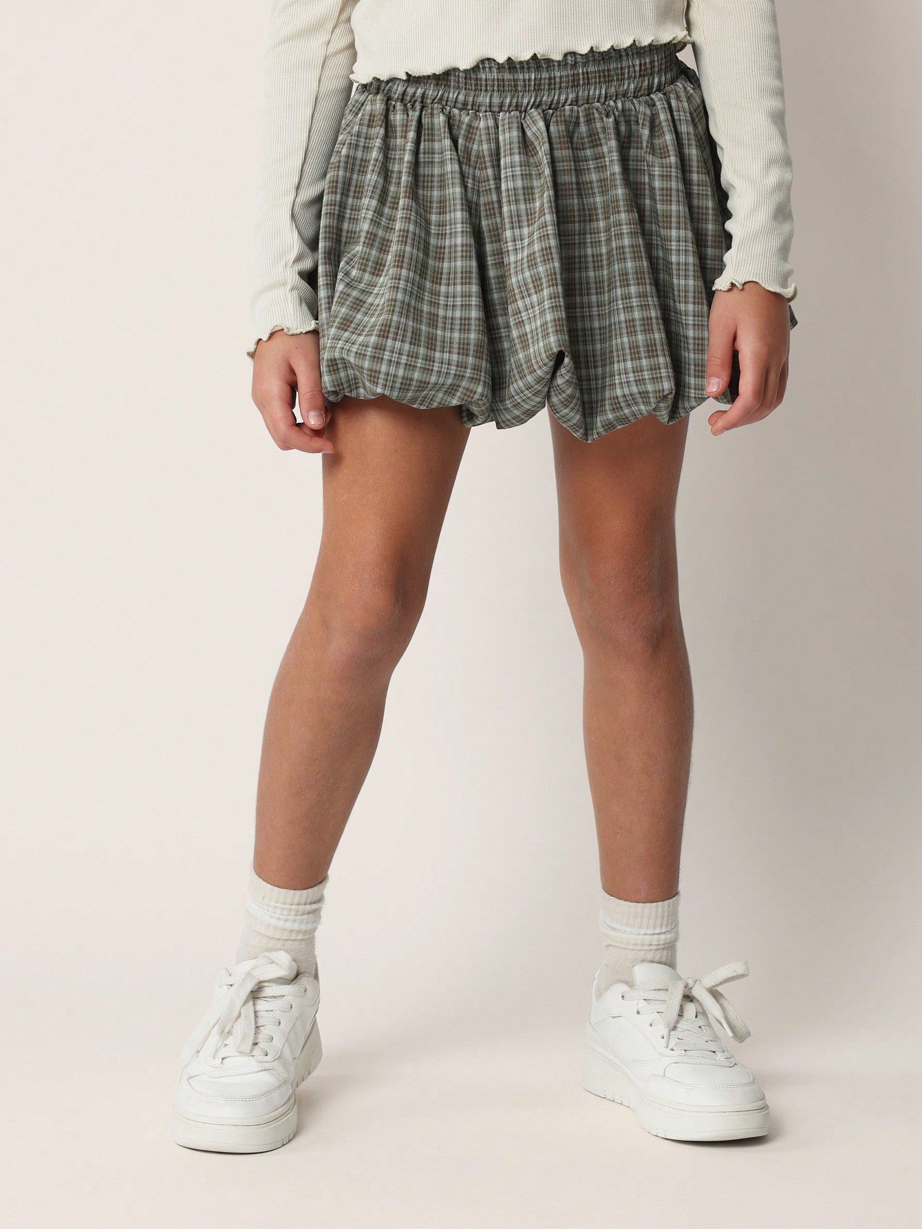 Tween Girls Comfy Rib Long Sleeve Tee With Puffball Check Mini Skirt 2 Piece Set