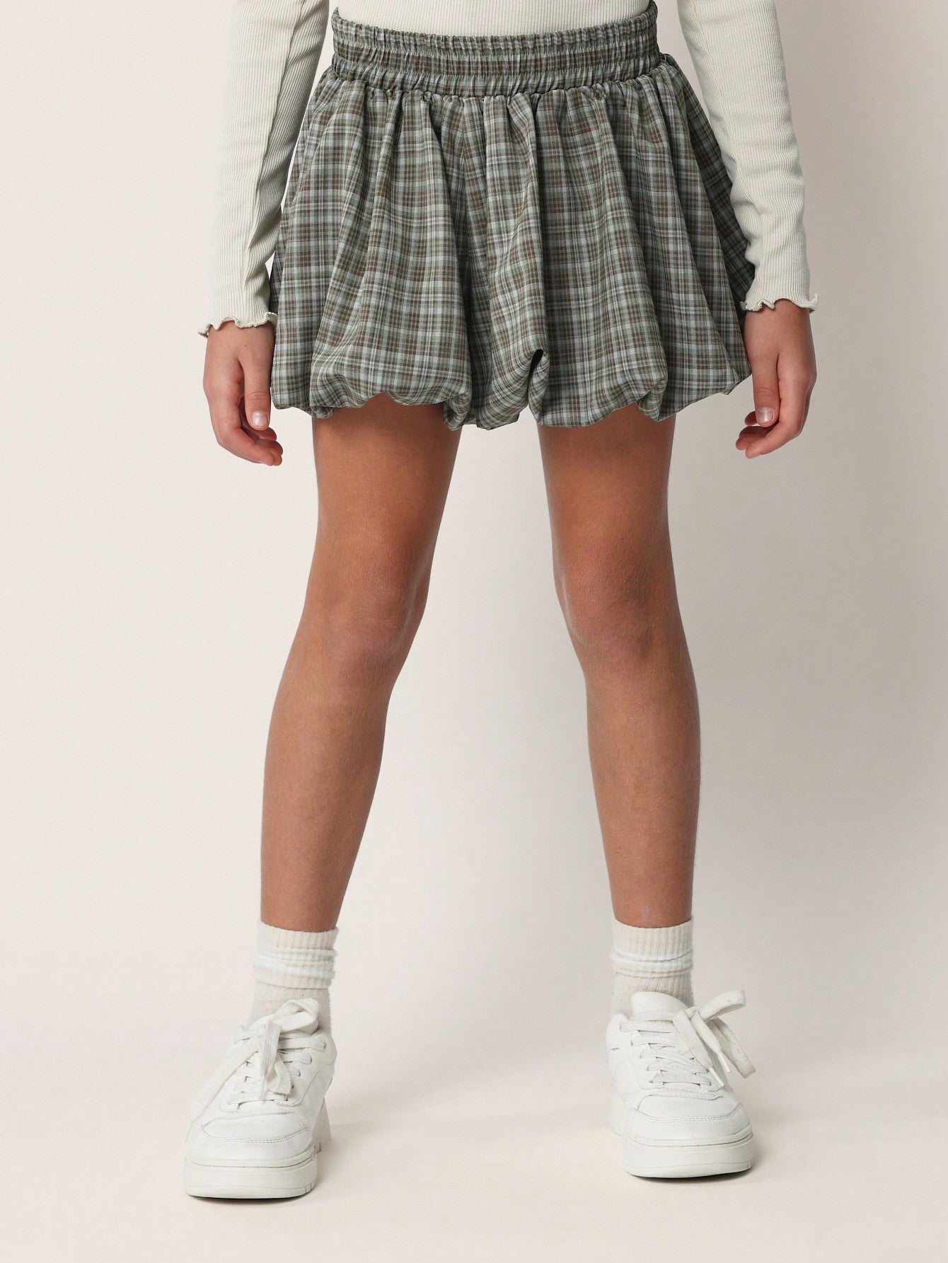 Tween Girls Comfy Rib Long Sleeve Tee With Puffball Check Mini Skirt 2 Piece Set