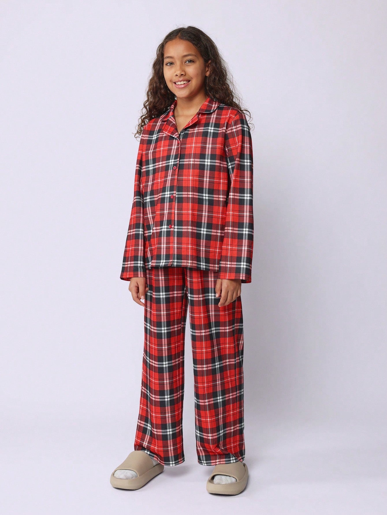 Tween Girls Comfy Christmas Regular Fit Long Sleeve Check Shirt And Pant 2 Piece Pyjama Set