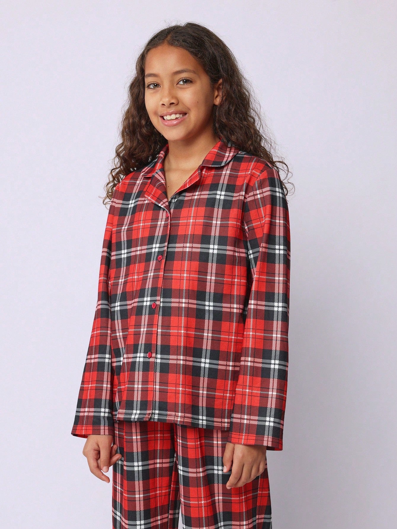 Tween Girls Comfy Christmas Regular Fit Long Sleeve Check Shirt And Pant 2 Piece Pyjama Set