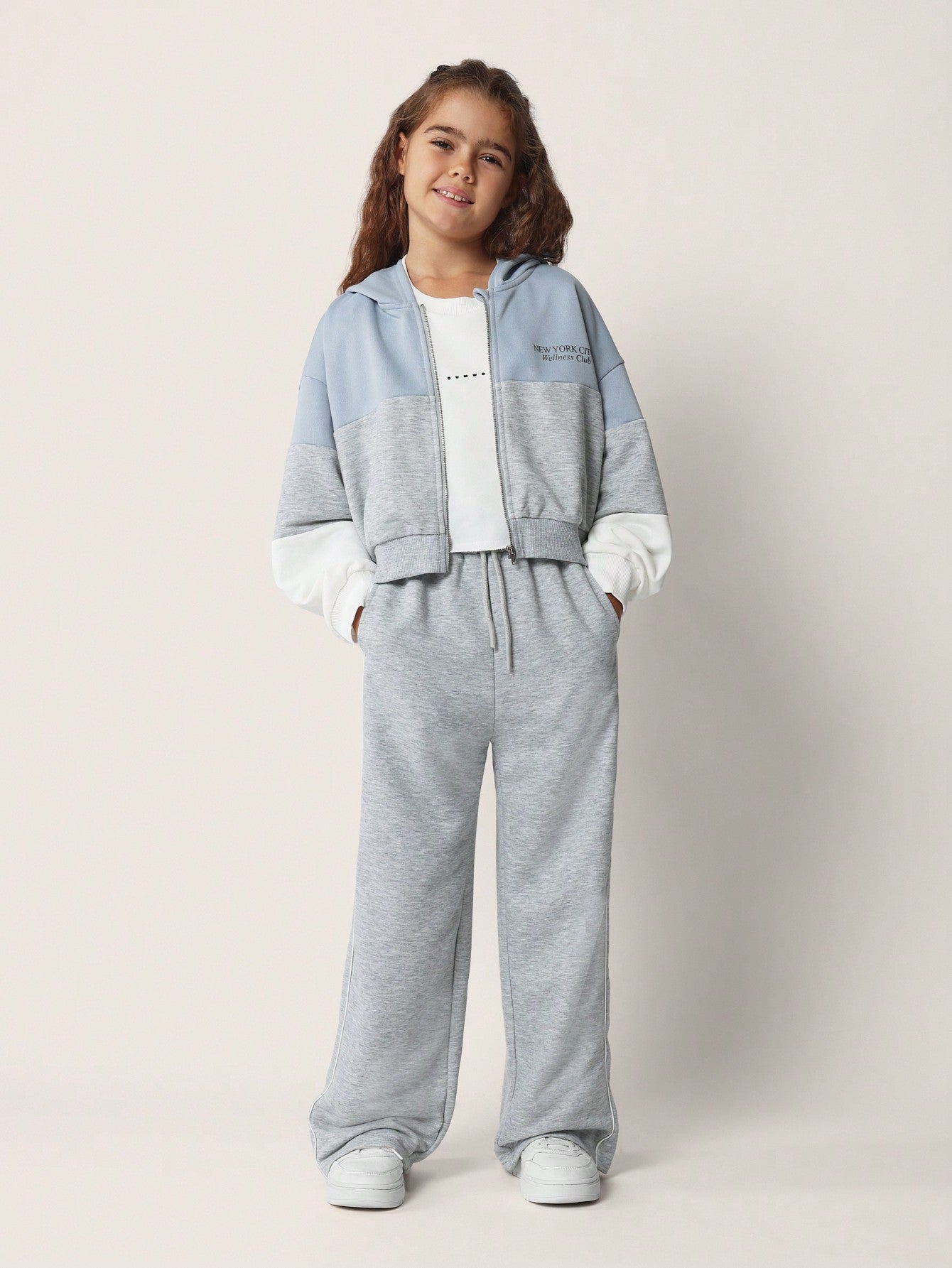 Tween Girls Comfy Zip-Up Colour Block Hoodie & Straight Fit Sweatpants 2 Piece Set