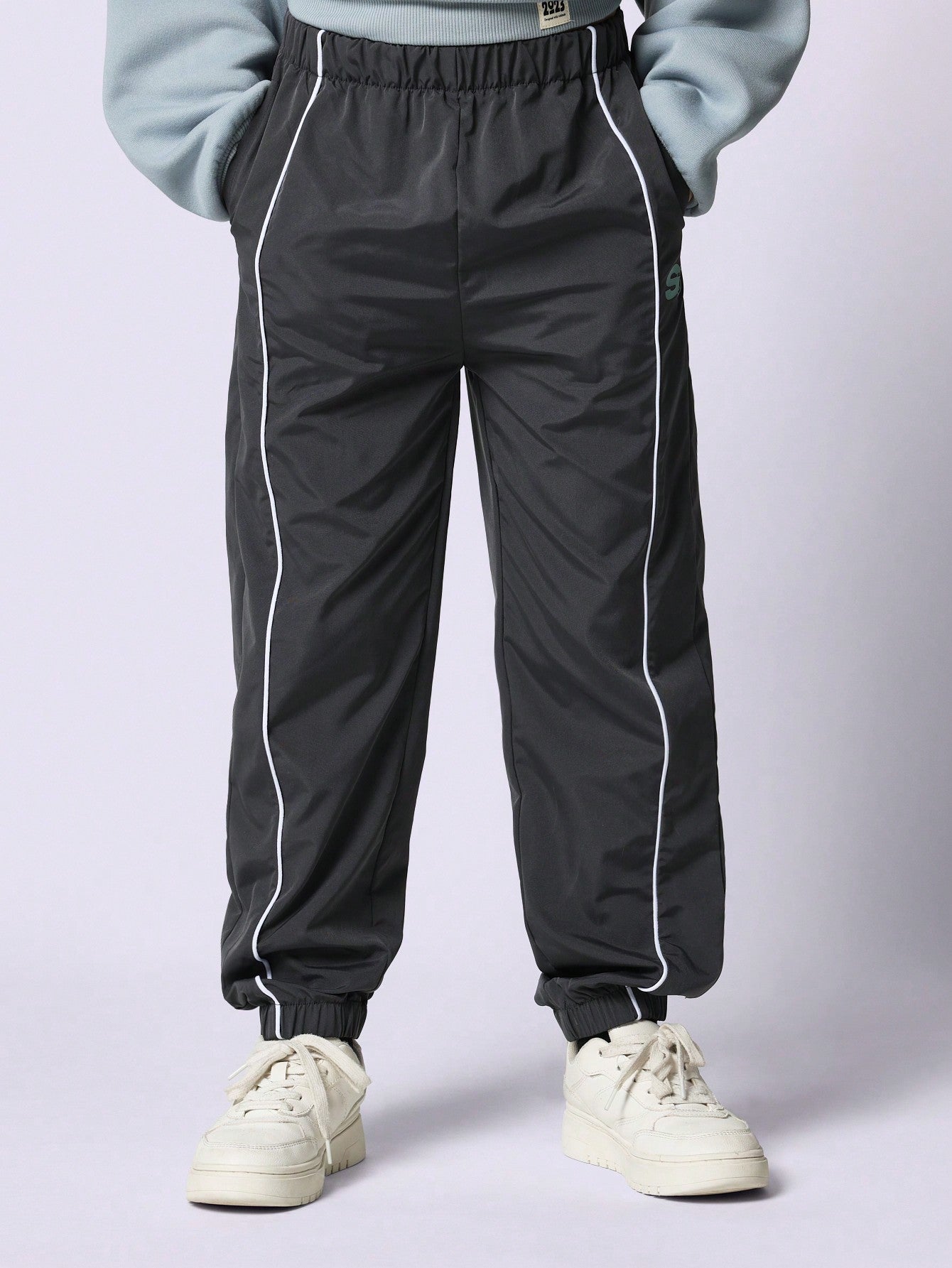 Tween Boys Comfy Slim Fit Nylon Cuffed Jogger Pant With Piping & Small Graphic Print