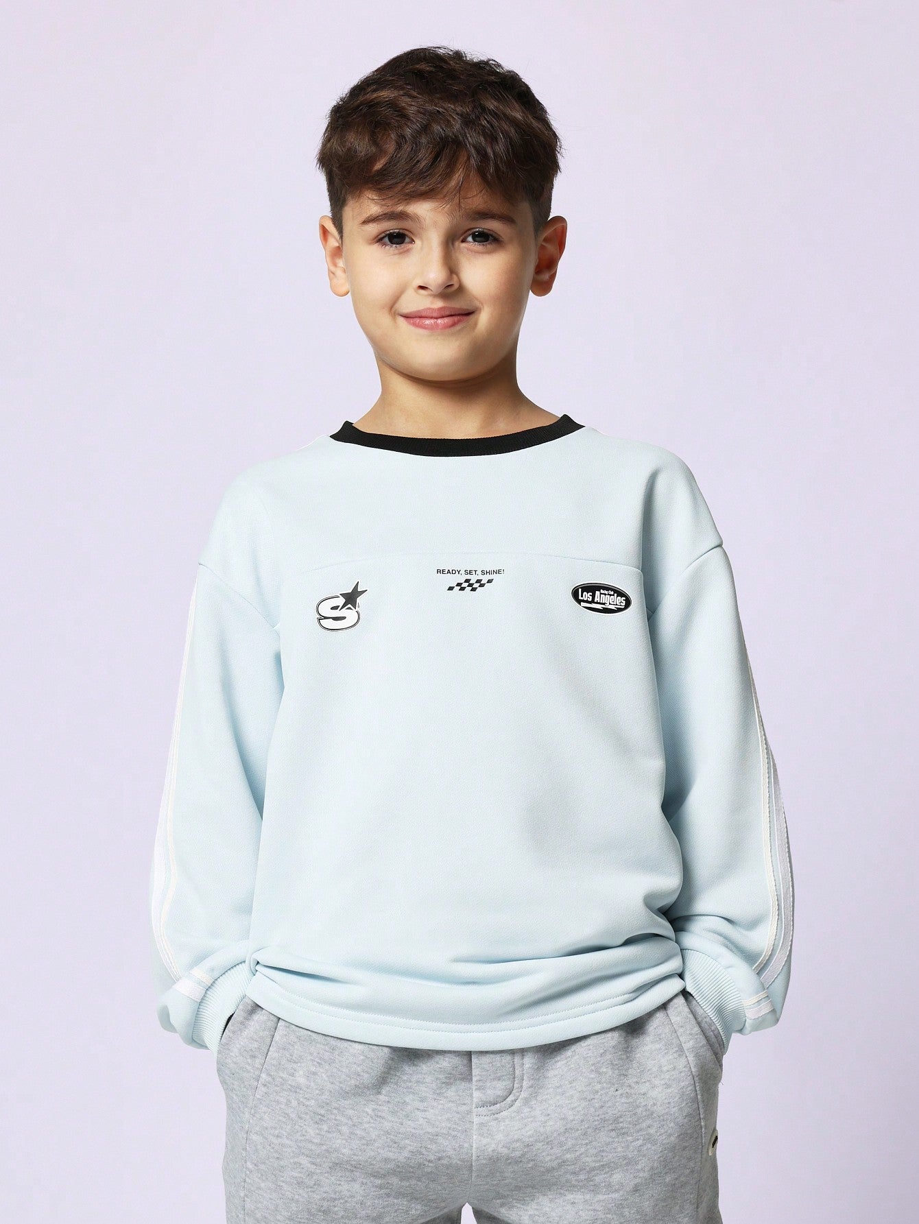 Tween Boys Comfy Regular Fit Long Sleeve Contrast Collar Tee With Stitch Detail & Graphic Print