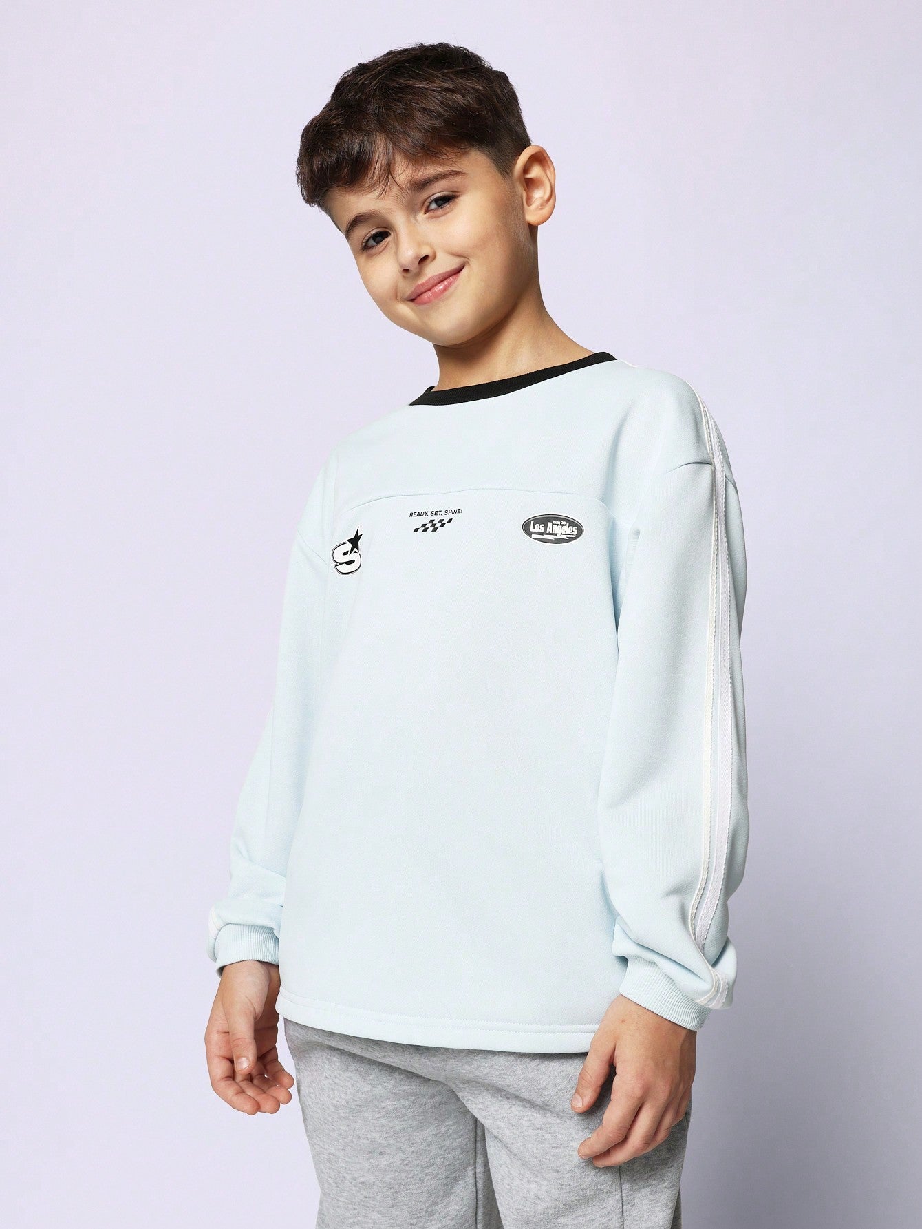 Tween Boys Comfy Regular Fit Long Sleeve Contrast Collar Tee With Stitch Detail & Graphic Print