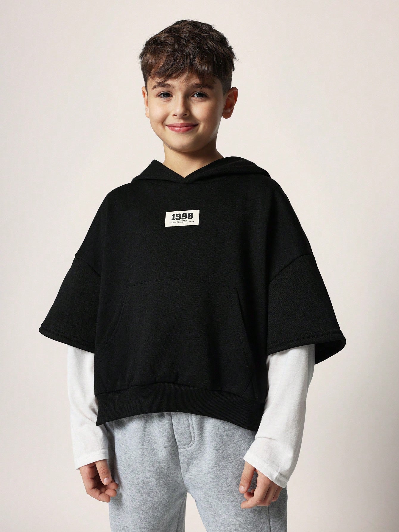 Tween Boys Comfy Boxy Jersey Top Double Layer Sleeve With Hood & Side Slit