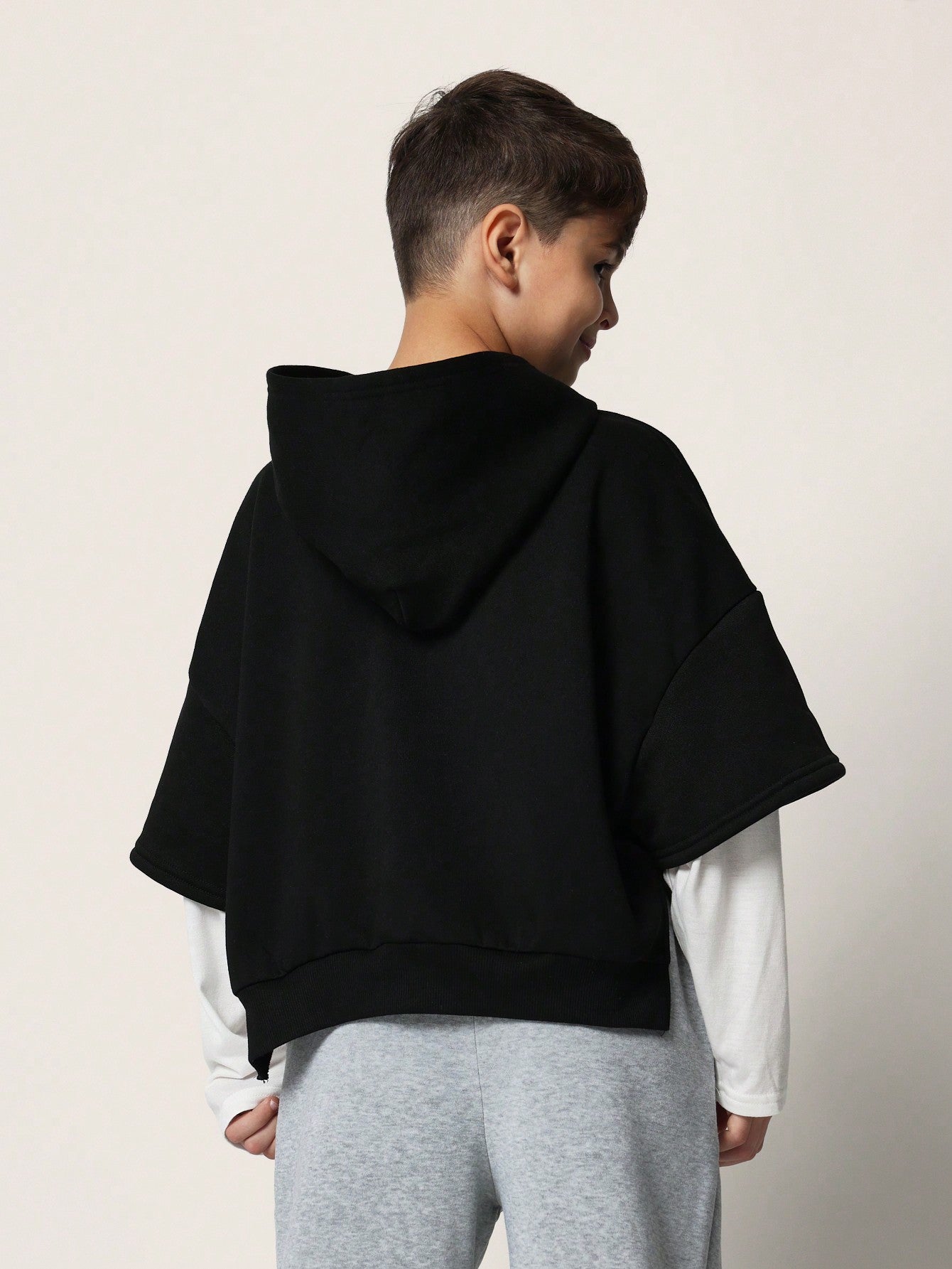 Tween Boys Comfy Boxy Jersey Top Double Layer Sleeve With Hood & Side Slit