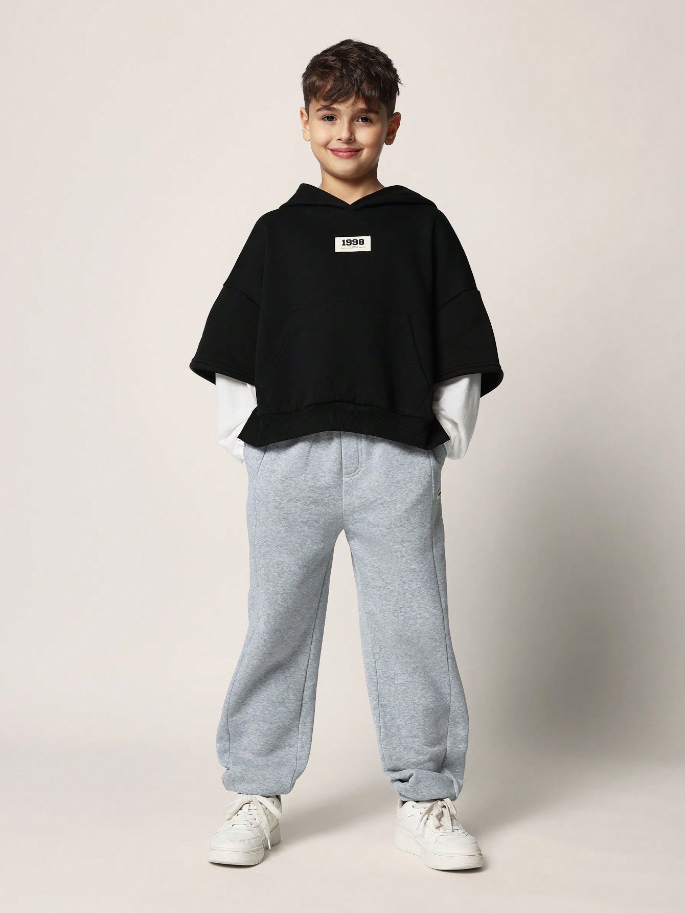 Tween Boys Comfy Boxy Jersey Top Double Layer Sleeve With Hood & Side Slit