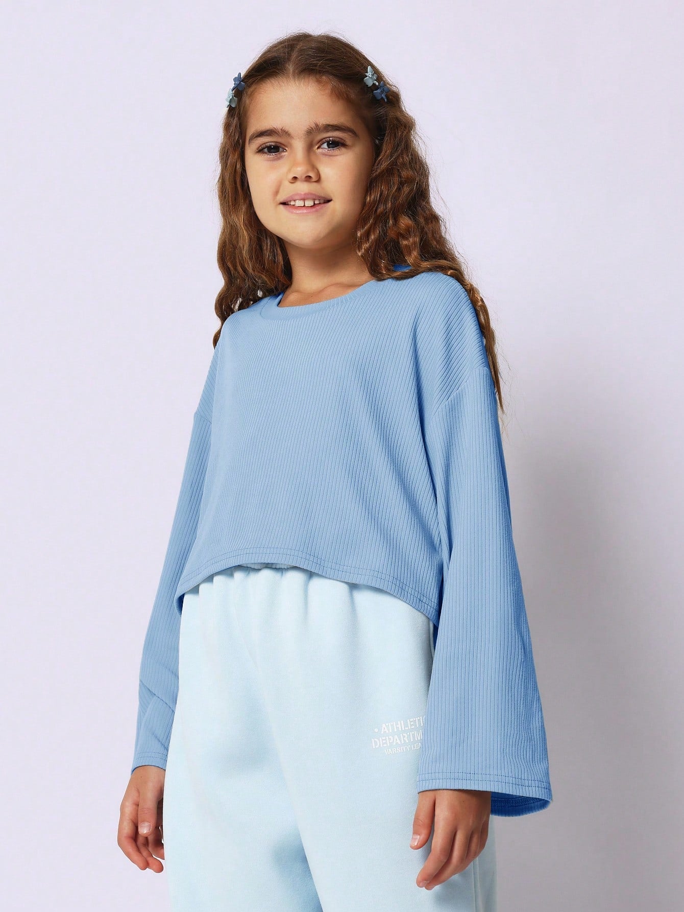 Tween Girls Comfy Crop Fit Blue Rib Long Sleeve Drop Shoulder Tee