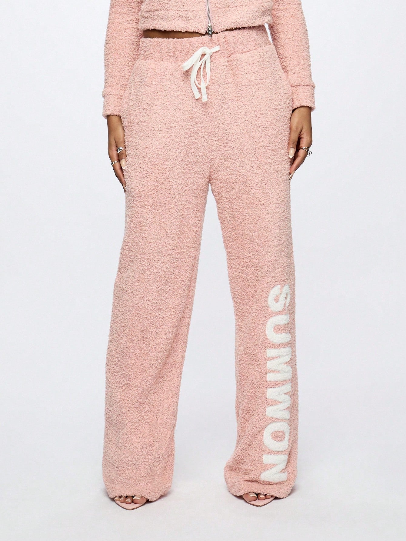 SUMWON WOMEN Fluffy Knit Wide Leg Joggers With Graphic Print