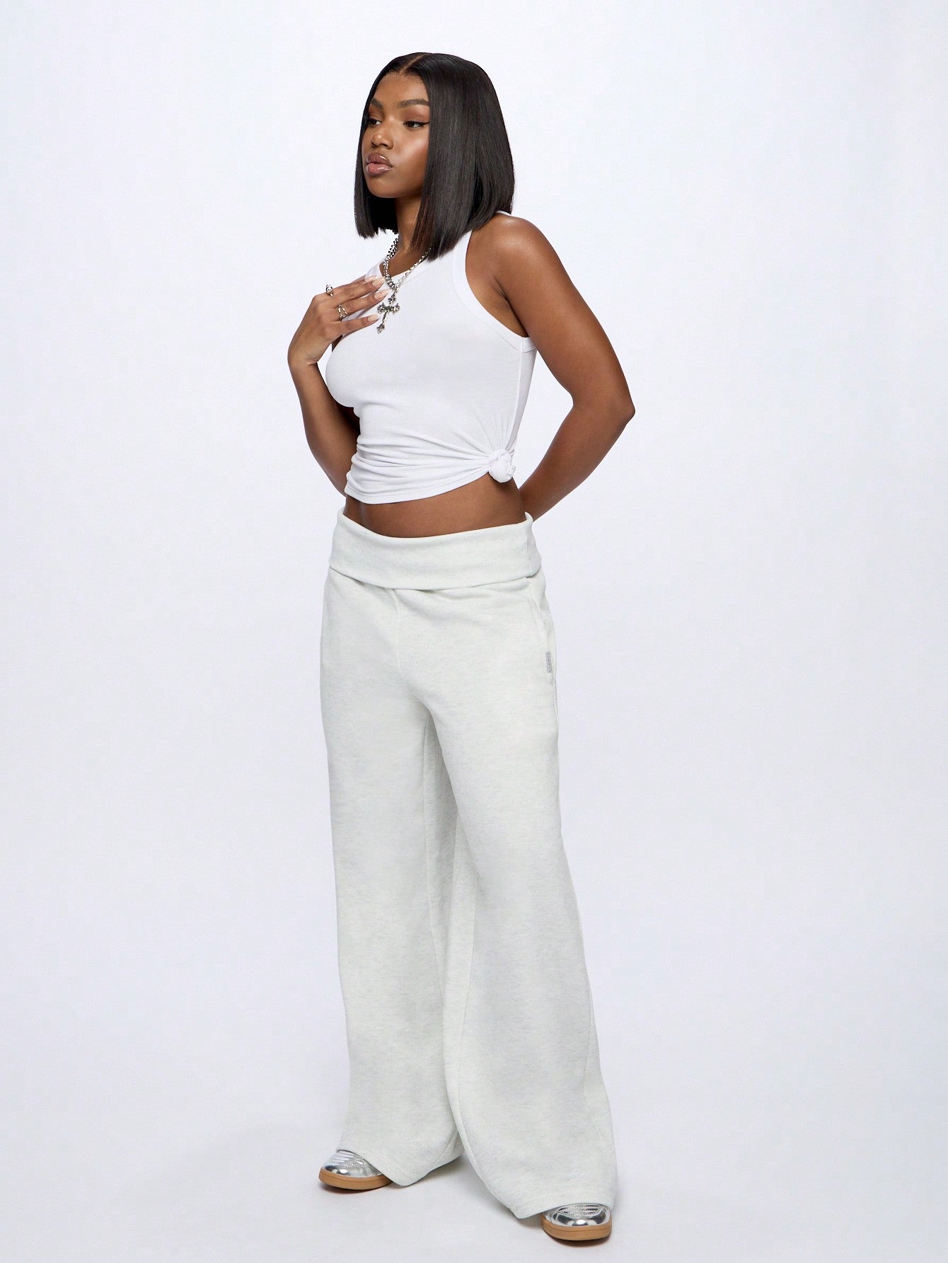 SUMWON WOMEN Fold Over Waist Wide Leg Sweatpants