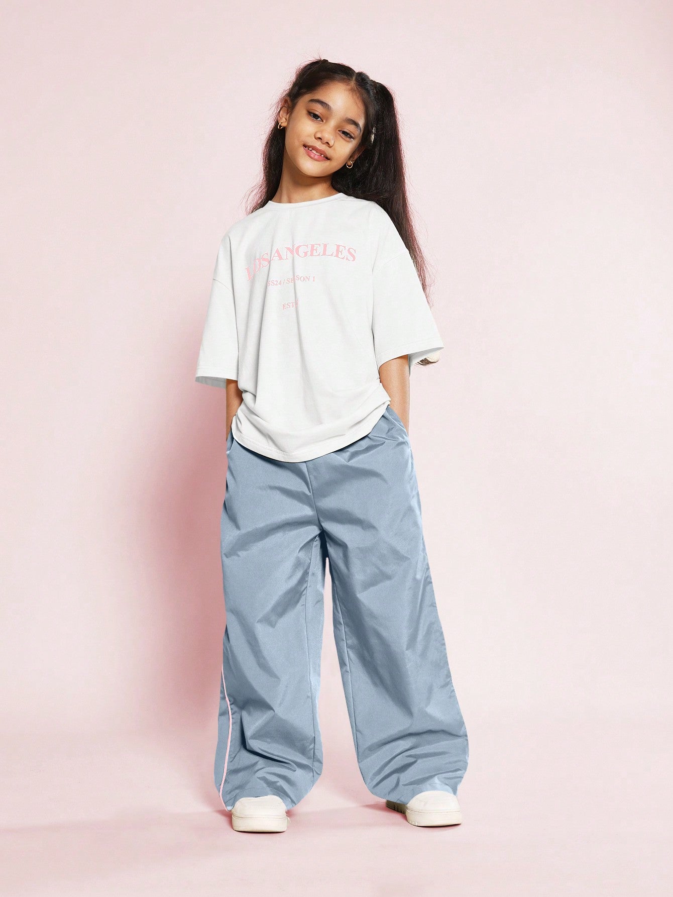 Tween Girls Oversized Tee With Los Angeles Graphic Print And Baggy Track Pant 2 Piece Set