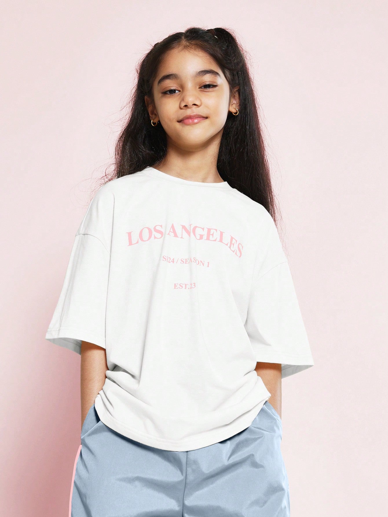 Tween Girls Oversized Tee With Los Angeles Graphic Print And Baggy Track Pant 2 Piece Set