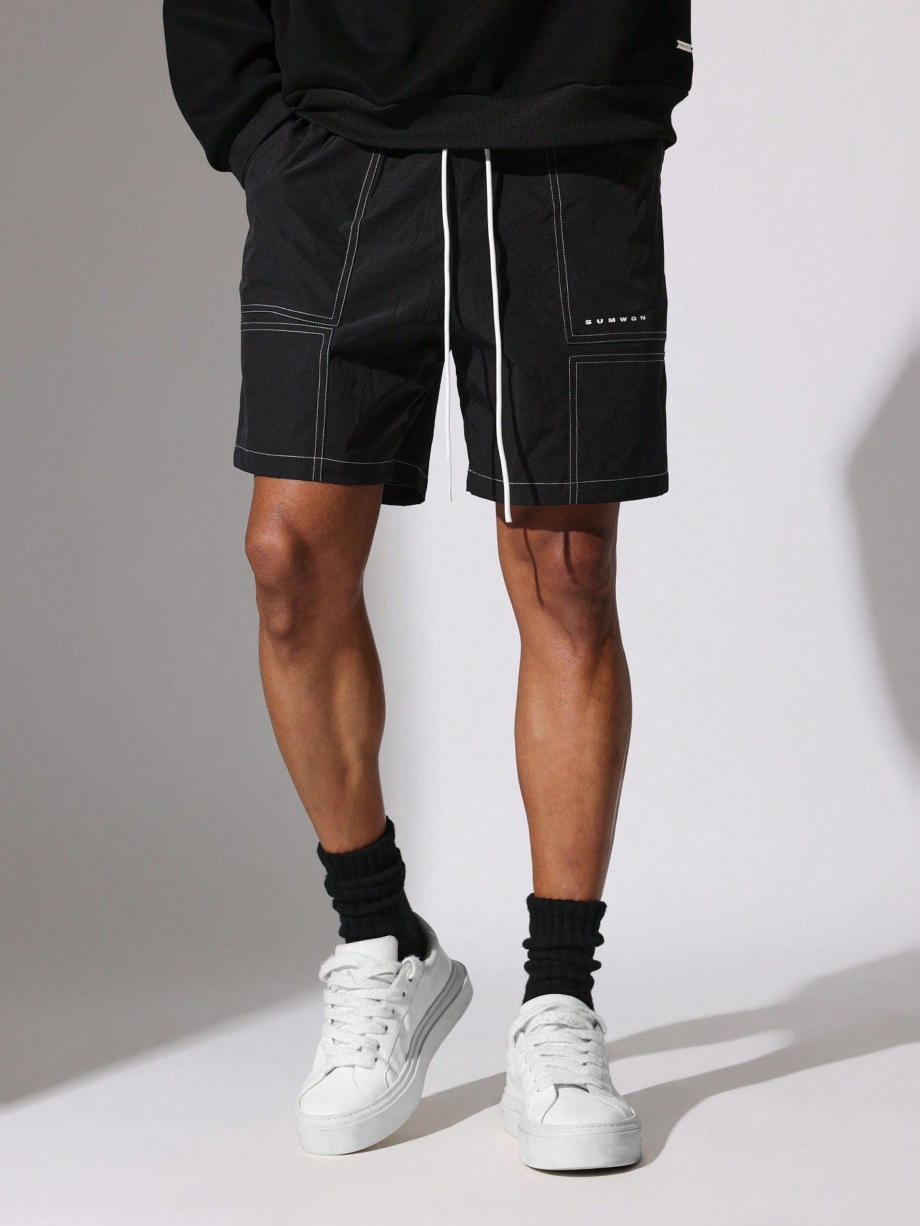 Drop Crotch Nylon Shorts With Contrast Stitching & Drawstrings