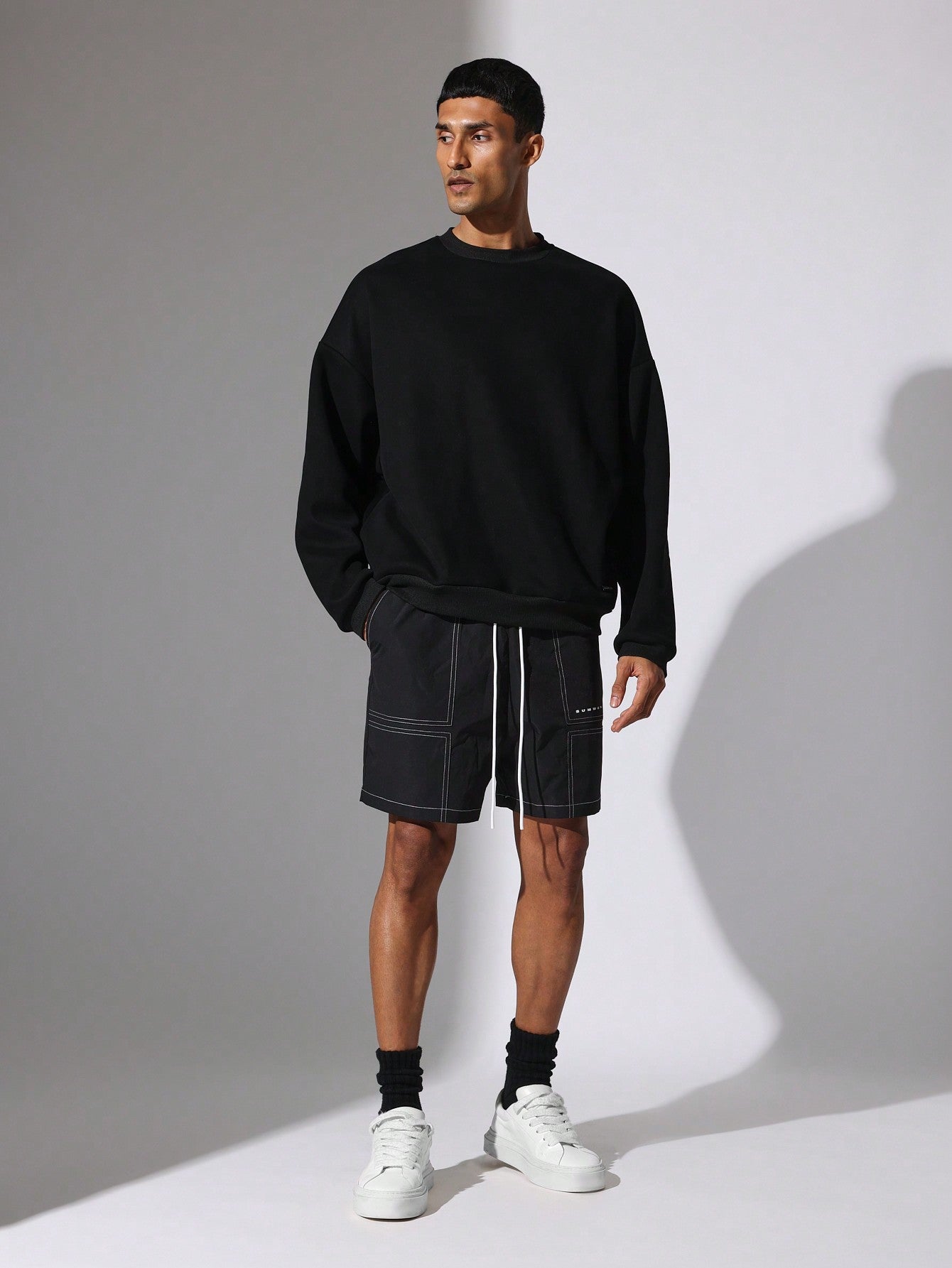 Drop Crotch Nylon Shorts With Contrast Stitching & Drawstrings