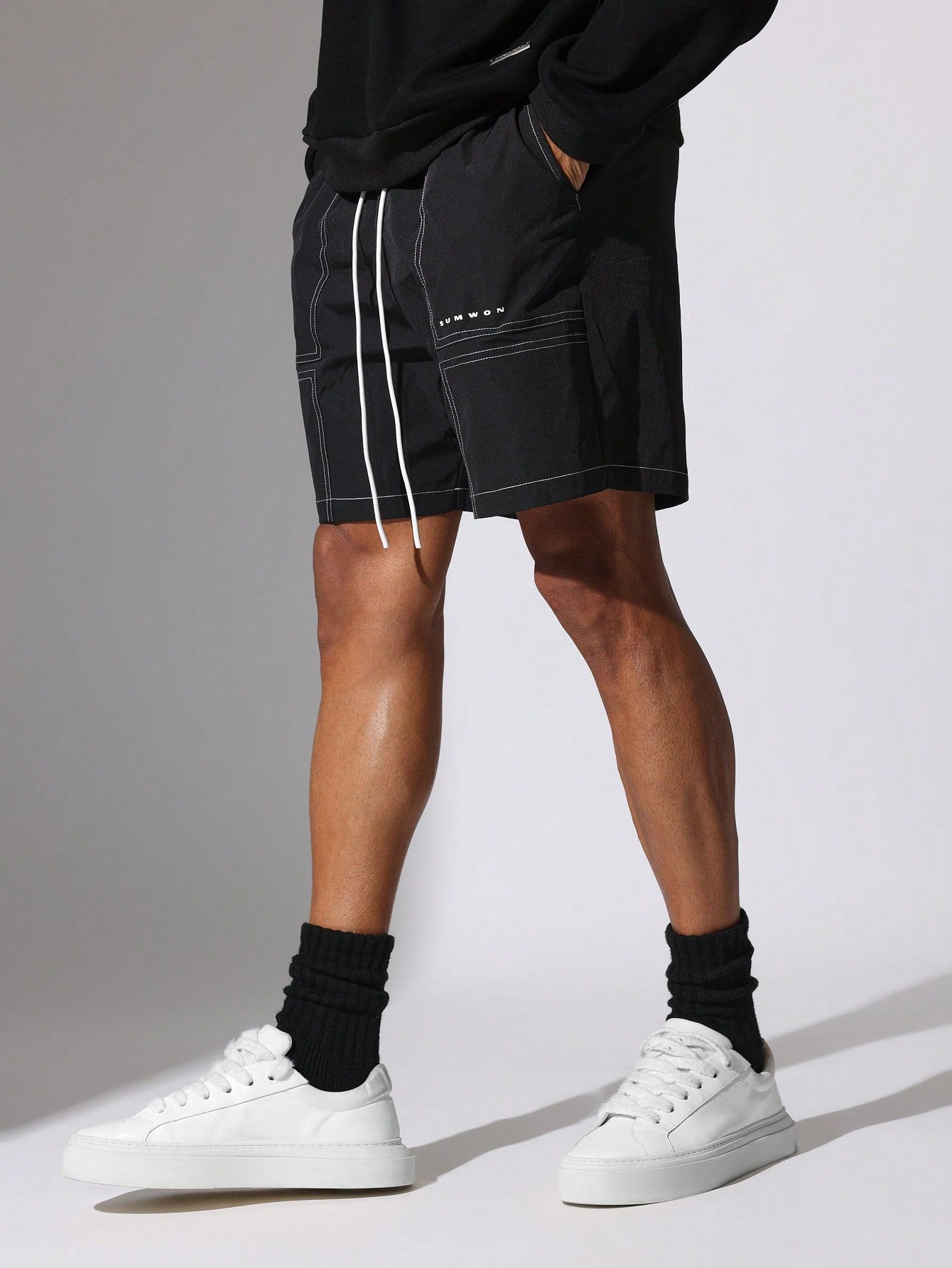 Drop Crotch Nylon Shorts With Contrast Stitching & Drawstrings