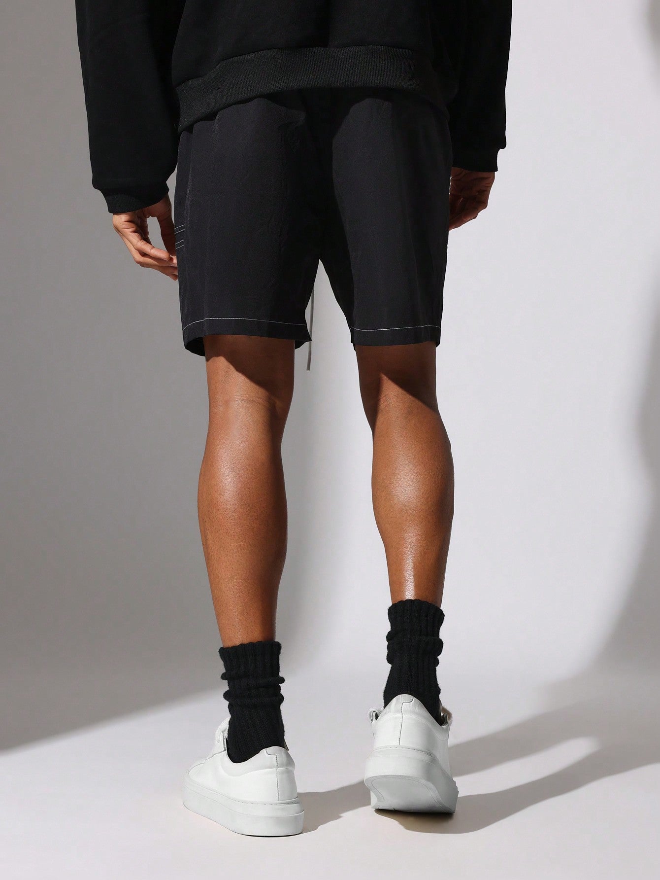 Drop Crotch Nylon Shorts With Contrast Stitching & Drawstrings