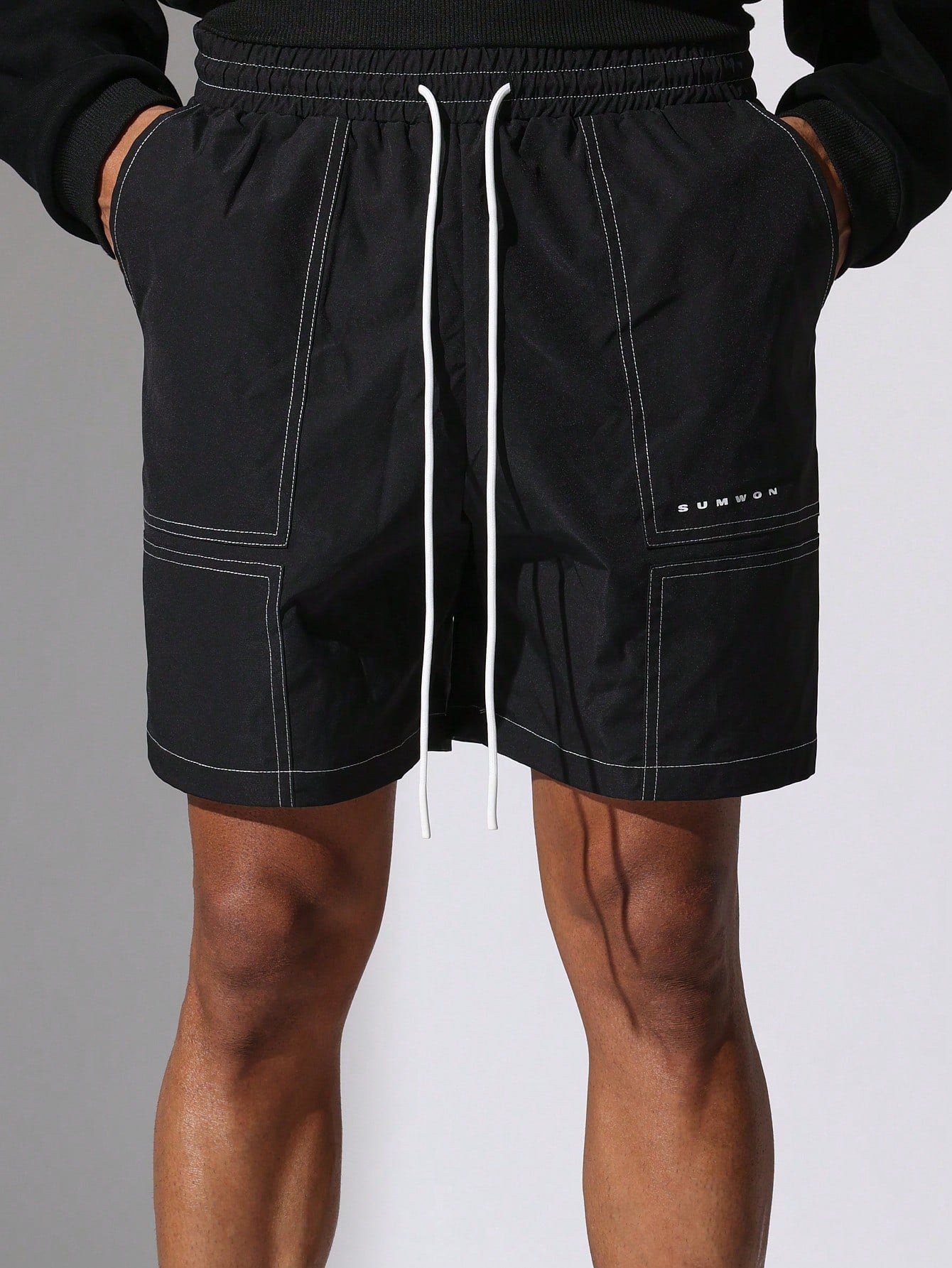 Drop Crotch Nylon Shorts With Contrast Stitching & Drawstrings