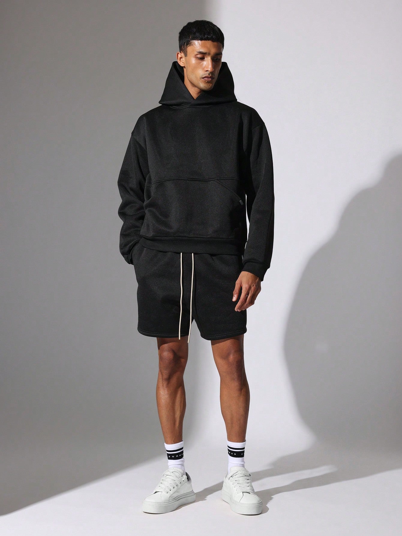 Regular Fit Zip Up Hoodie With Kangaroo Pocket And Drop Crotch Short 2 Piece Set