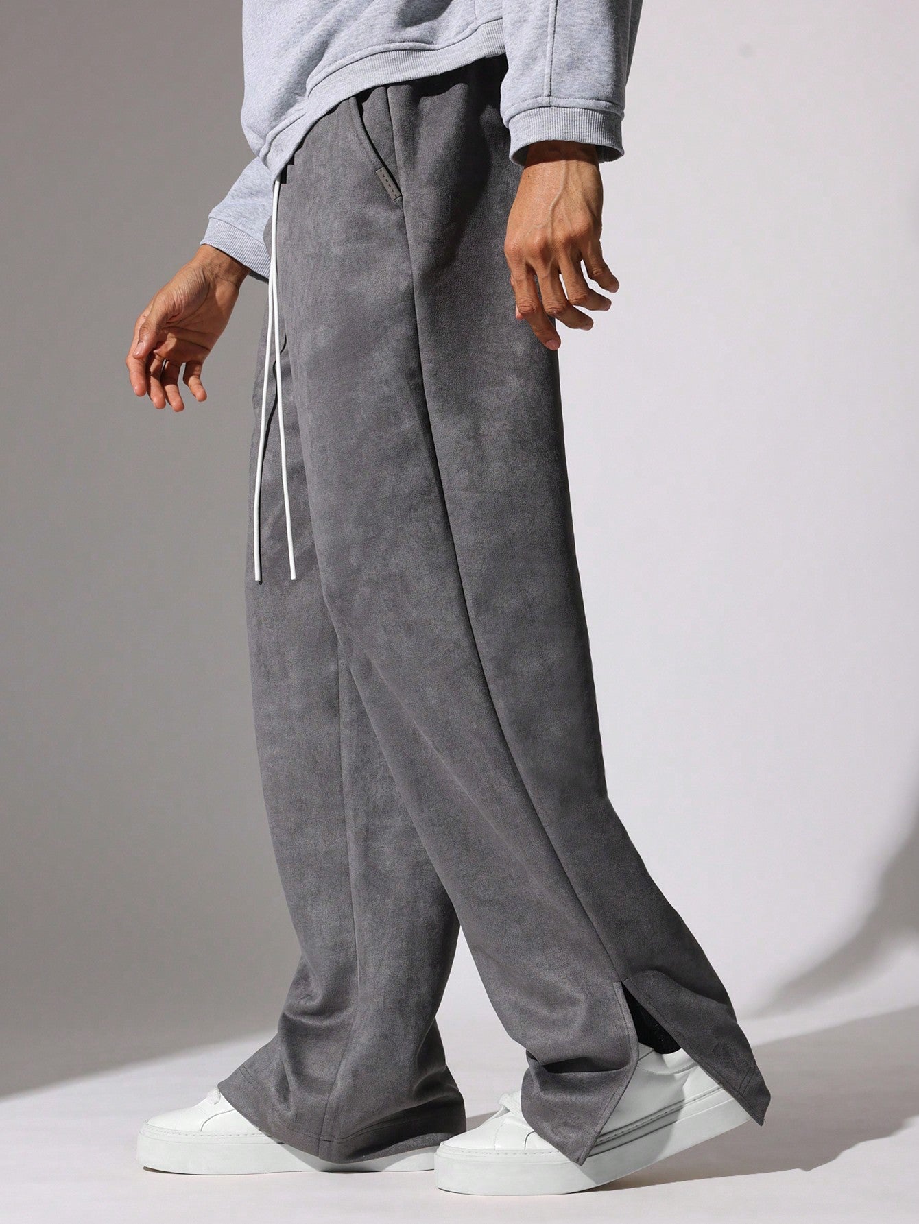 Flare Fit Suedette Essential Sweatpants With Split Hem & Drawstrings