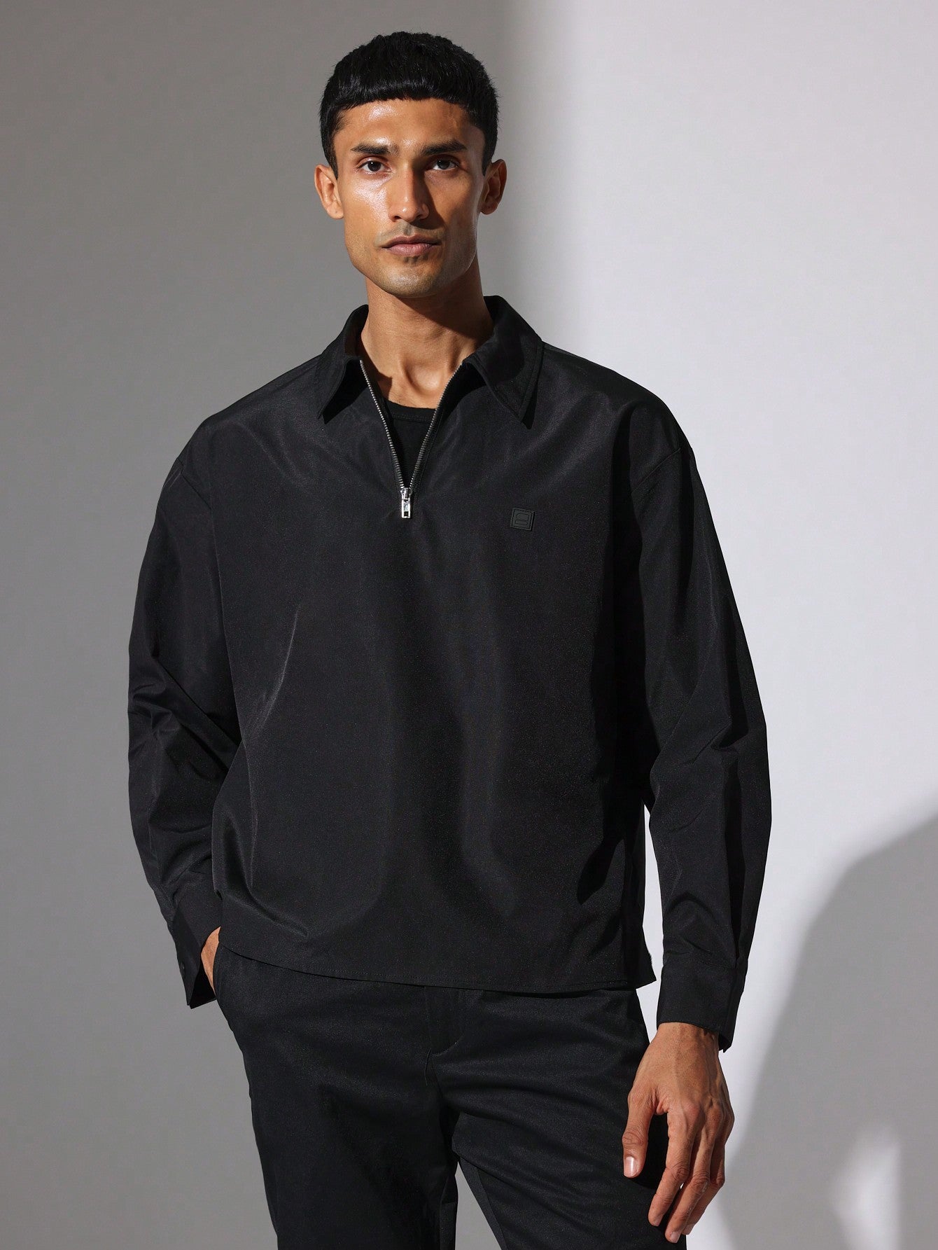 Regular Fit Half-Zip Long Sleeve Nylon Shirt