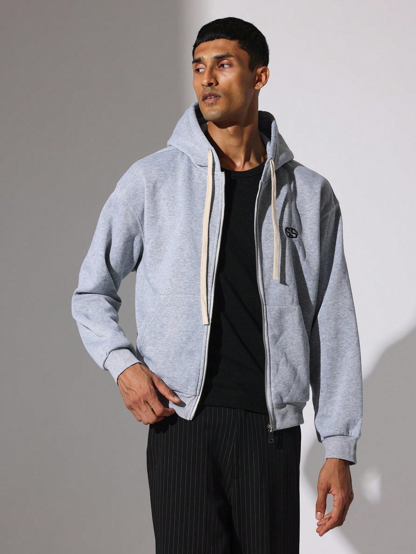 Regular Fit Zip-Up Hoodie With Small Embroidery