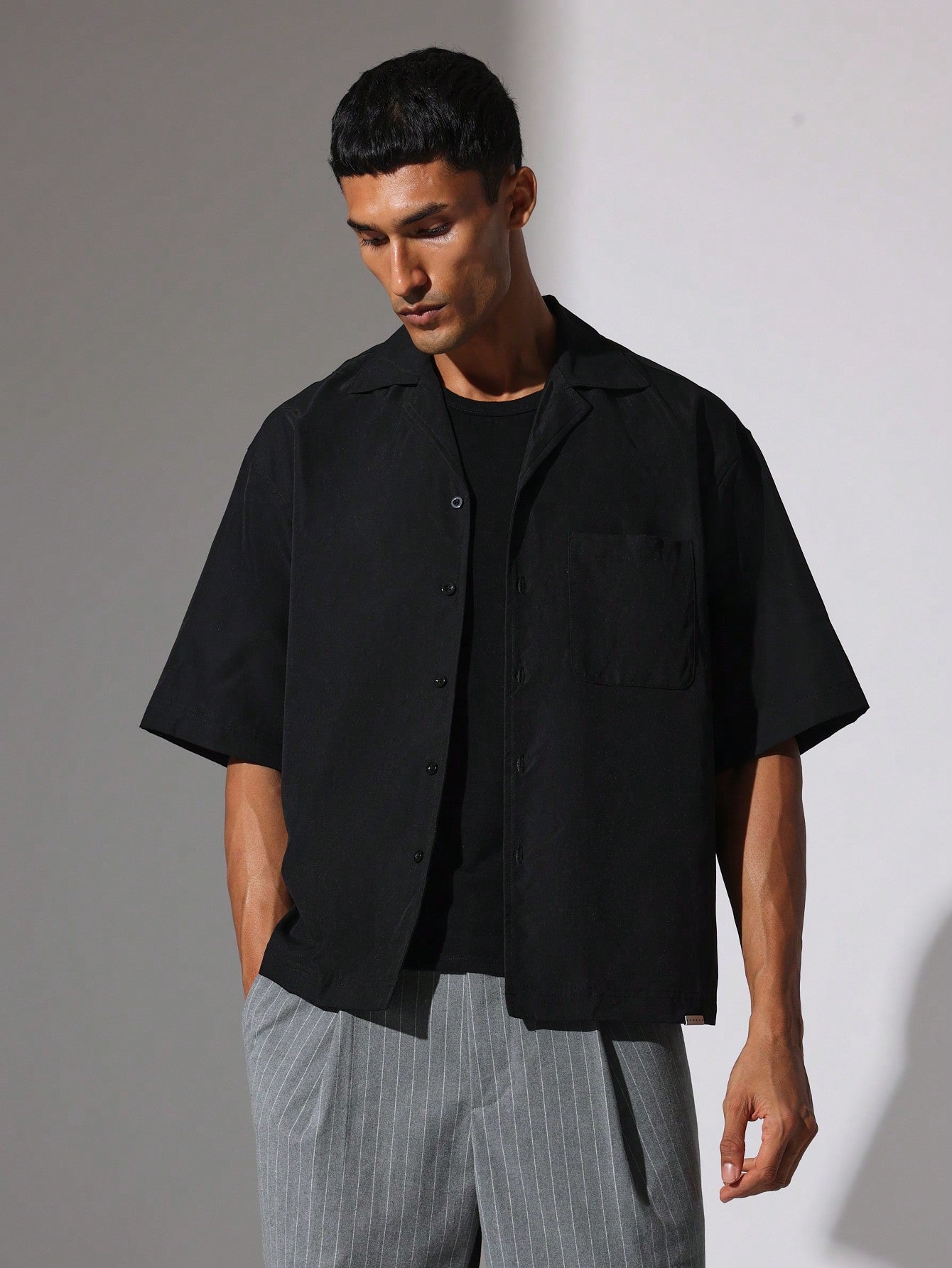 Boxy Fit Short Sleeve Revere Collar Solid Shirt