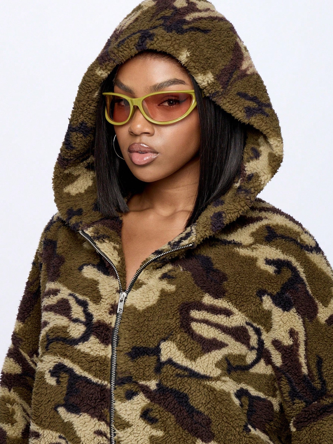 SUMWON WOMEN Camo Borg Oversized Zip Through Hoodie