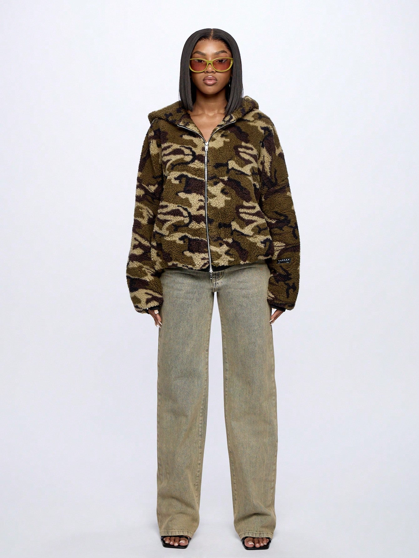 SUMWON WOMEN Camo Borg Oversized Zip Through Hoodie