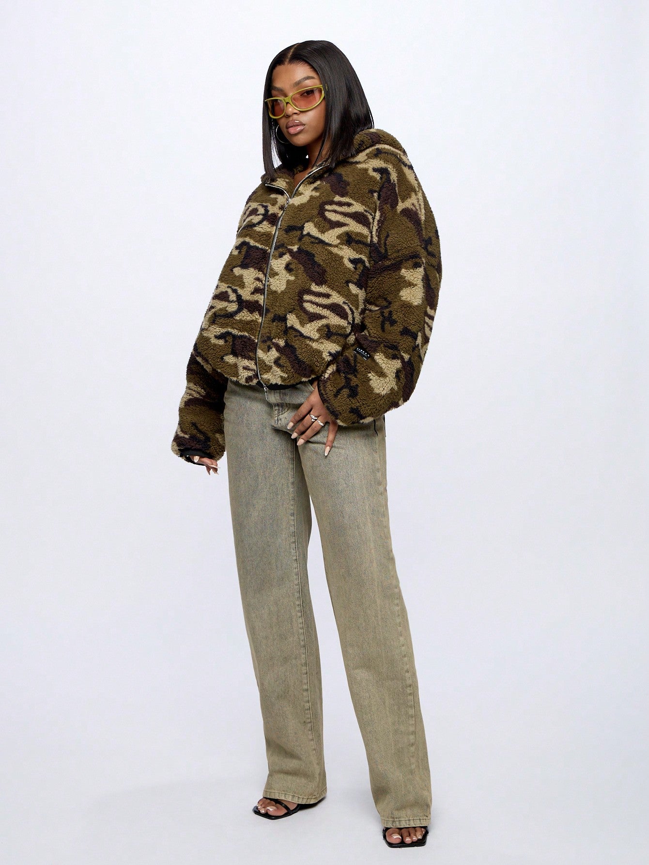 SUMWON WOMEN Camo Borg Oversized Zip Through Hoodie