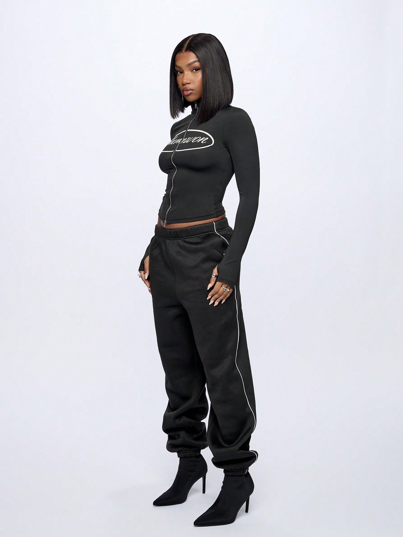 SUMWON WOMEN Graphic Fitted Zip Up Top And Cuff Jogger Set