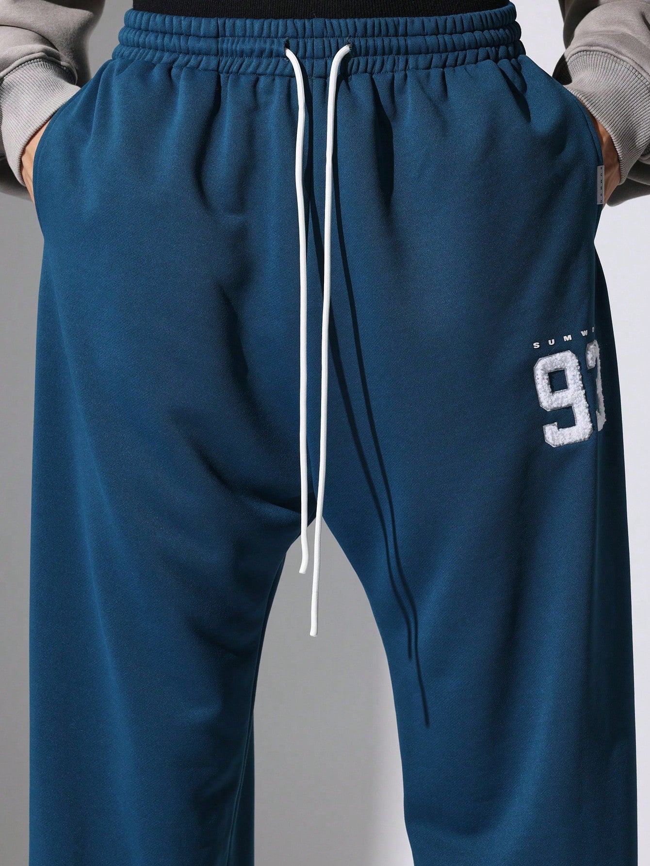 Loose Fit Drop Crotch Summer Weight Loopback Sweatpants With Number Towel Applique Embroidery