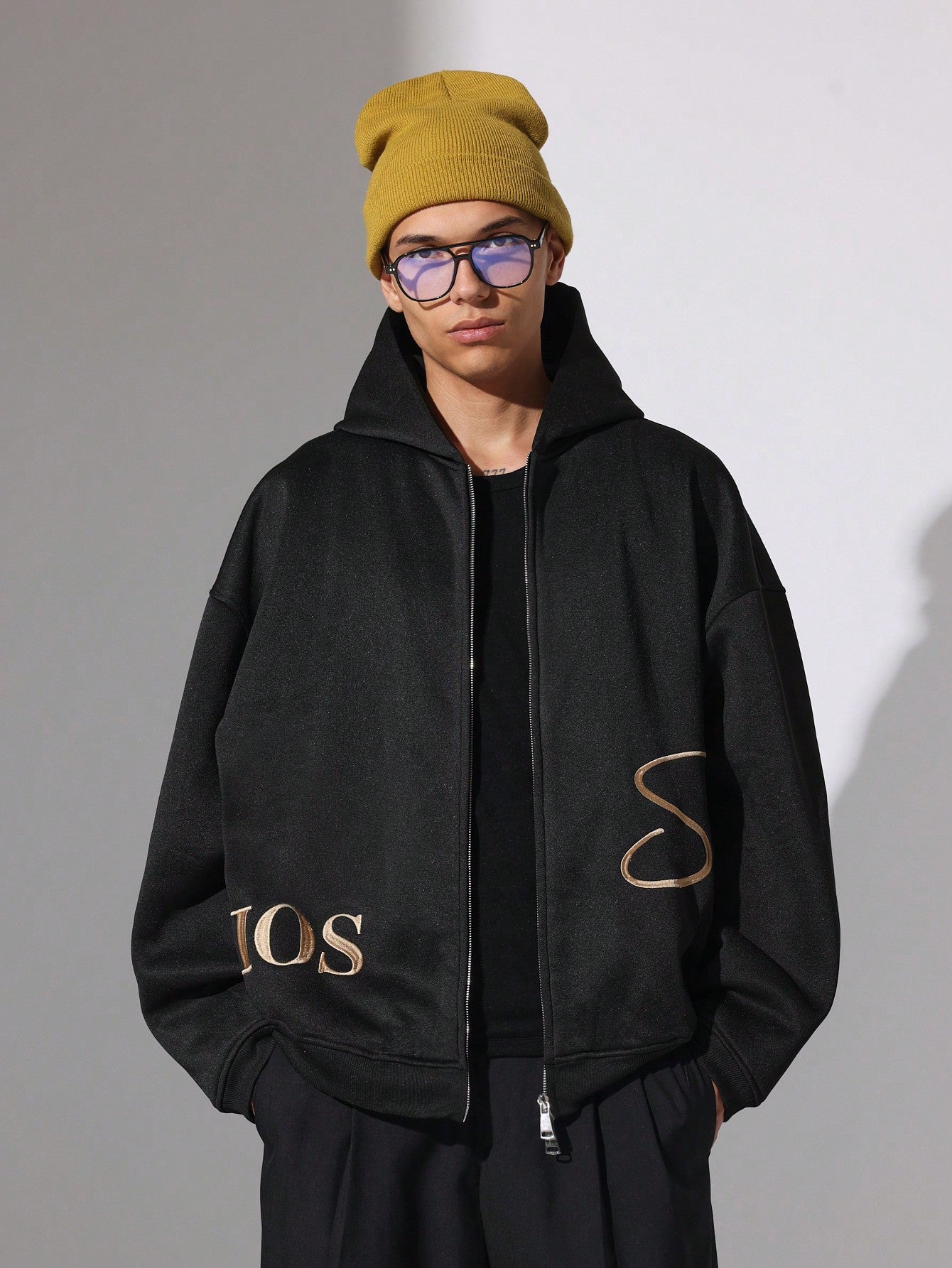 Regular Fit Zip Up Hoodie With Script Embroidery Pattern