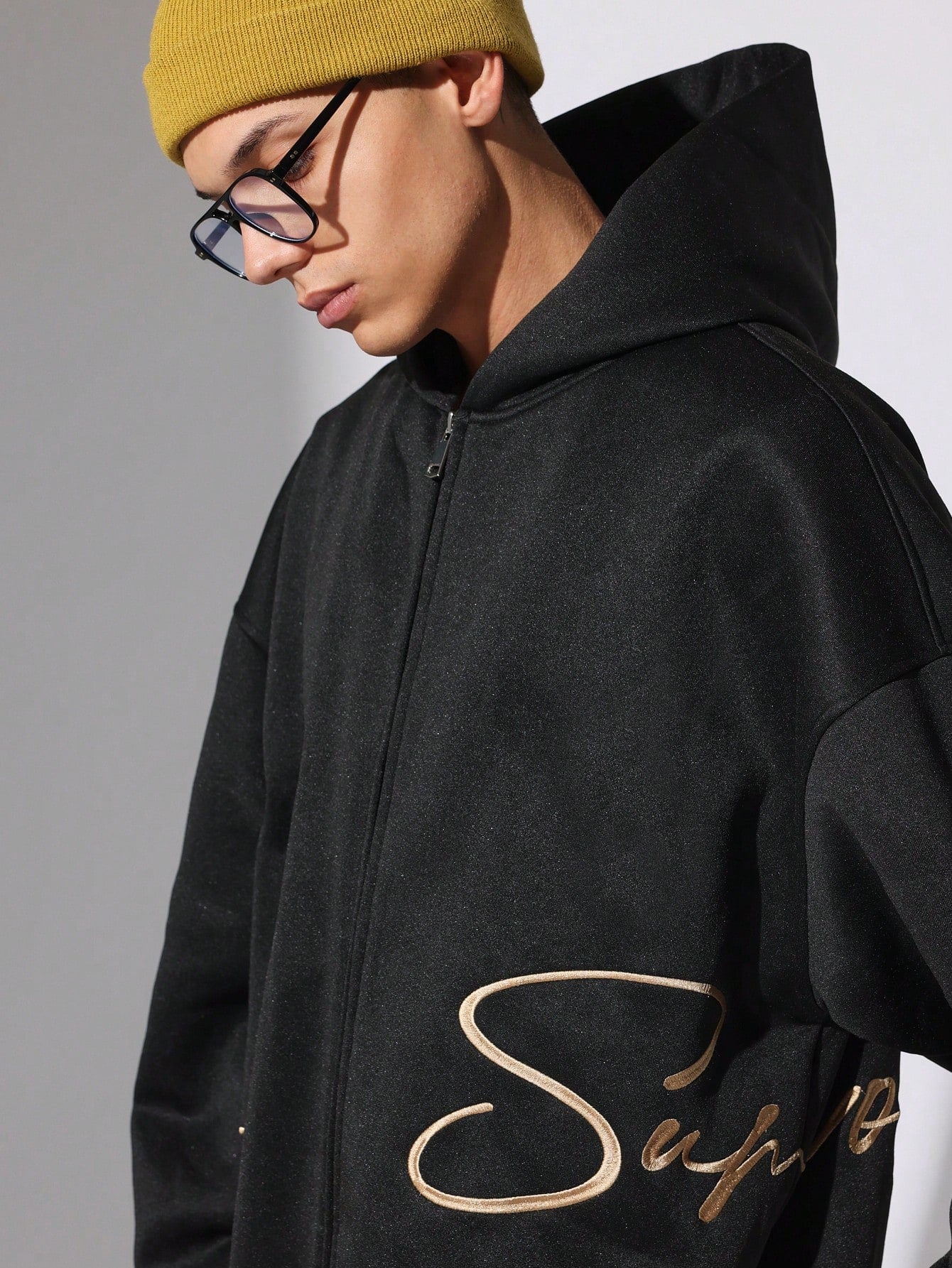 Regular Fit Zip Up Hoodie With Script Embroidery Pattern