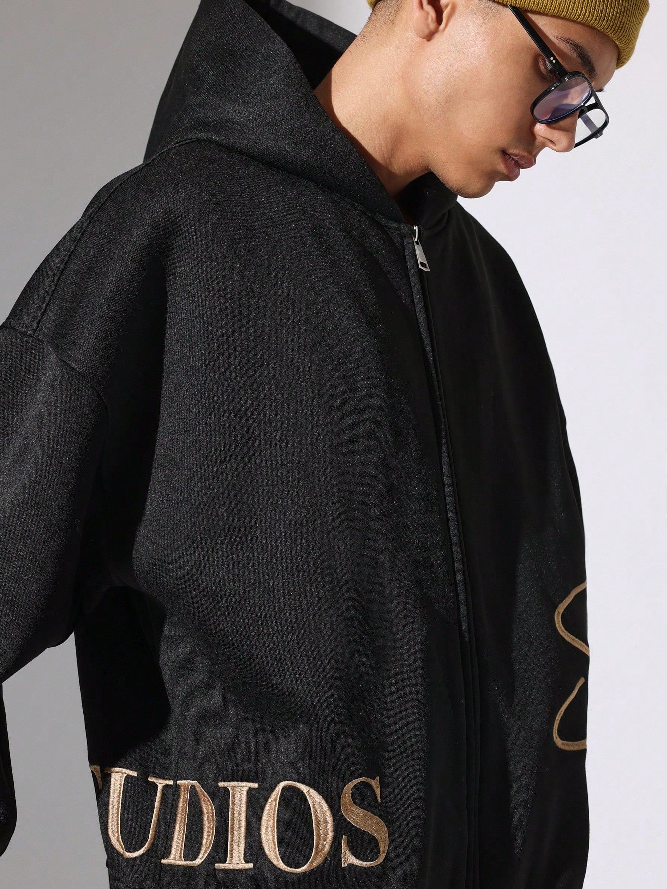 Regular Fit Zip Up Hoodie With Script Embroidery Pattern