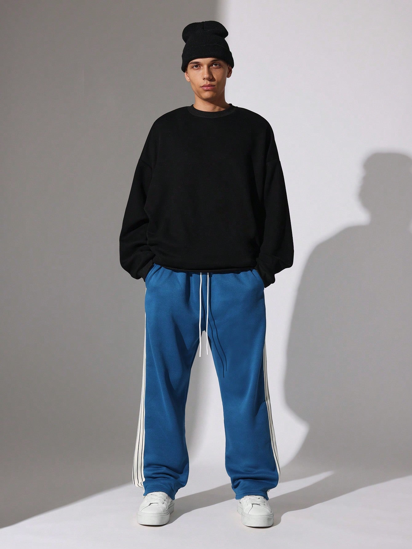 Straight Fit Drop Crotch Sweatpants With Side Tape Detail & Drawstrings