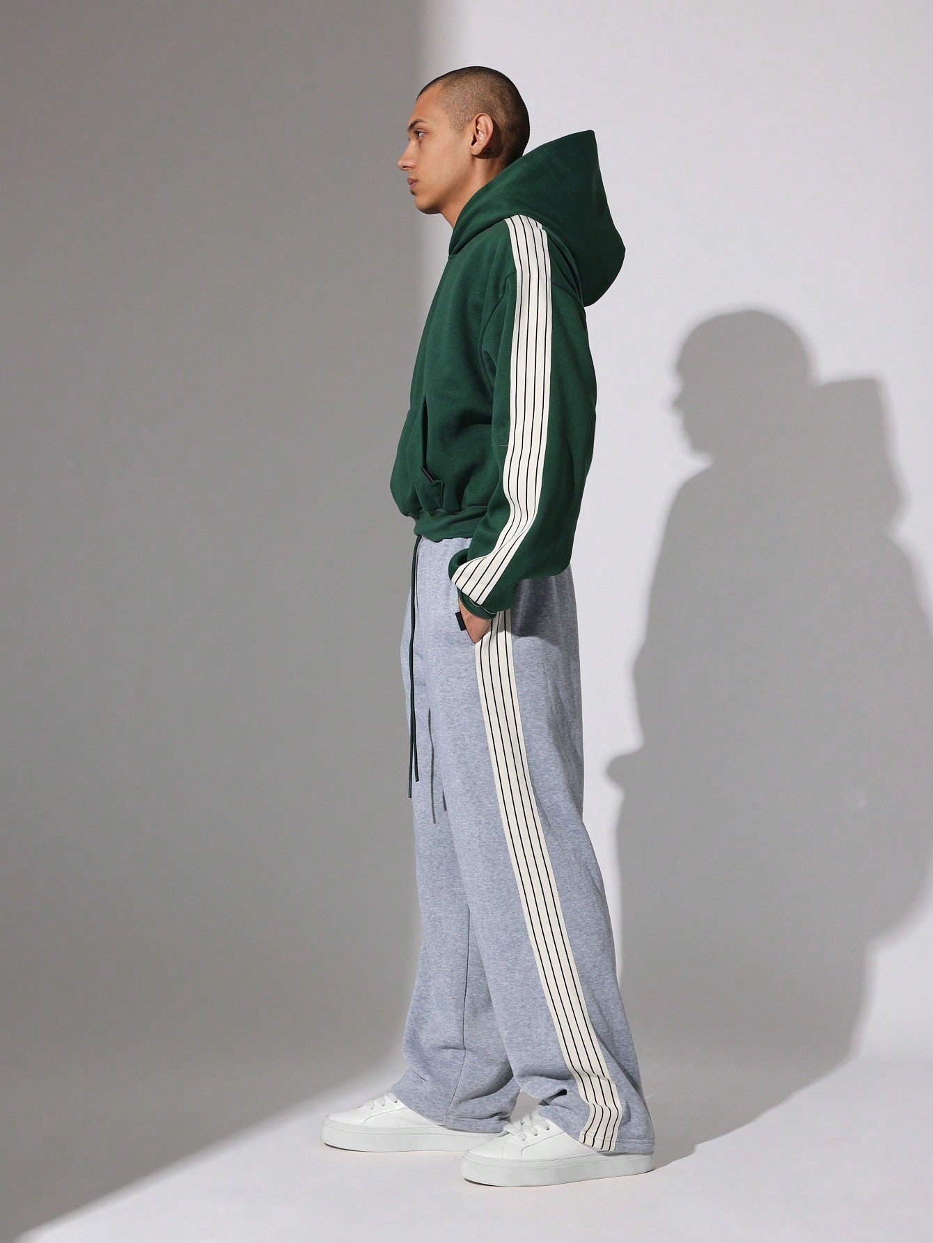 Crop Fit Overhead Hoodie And Straight Fit Drop Crotch Sweatpants With Side Stripe Tape 2 Piece Set