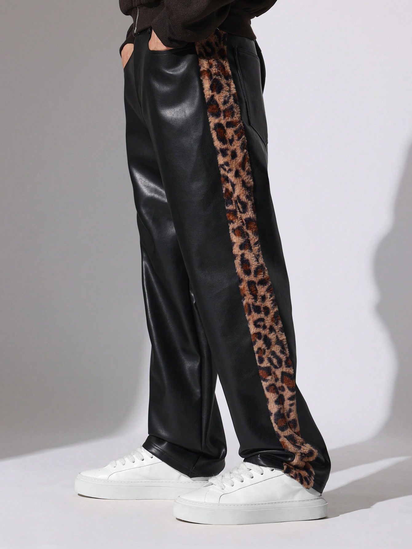 Straight Fit PU Pants With Leopard Side Tape