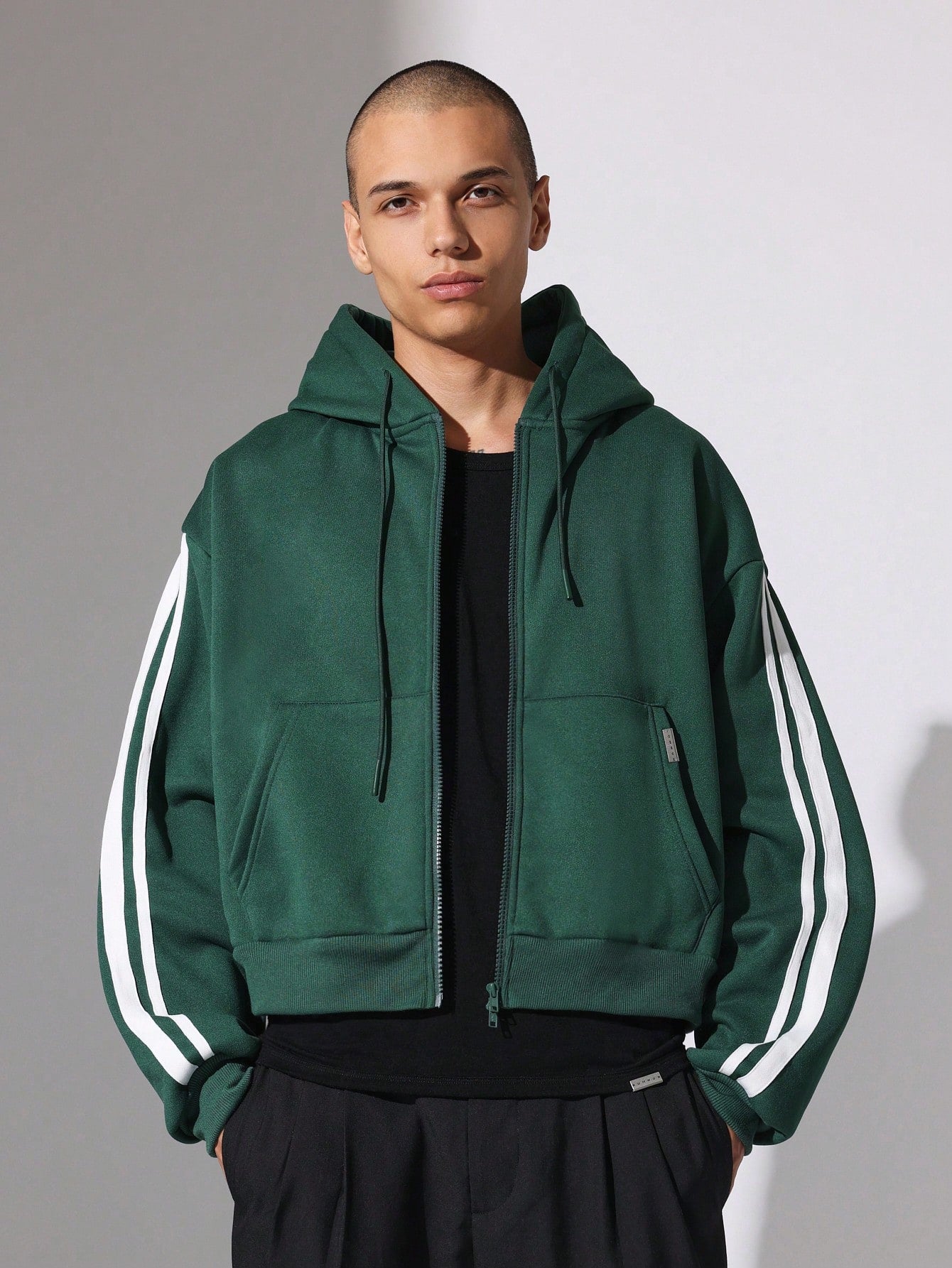 Crop Fit Zip Up Hoodie With Side Tape Panel & Drawstrings