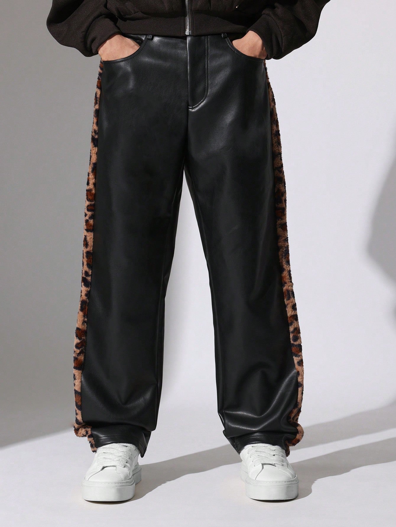 Straight Fit PU Pants With Leopard Side Tape