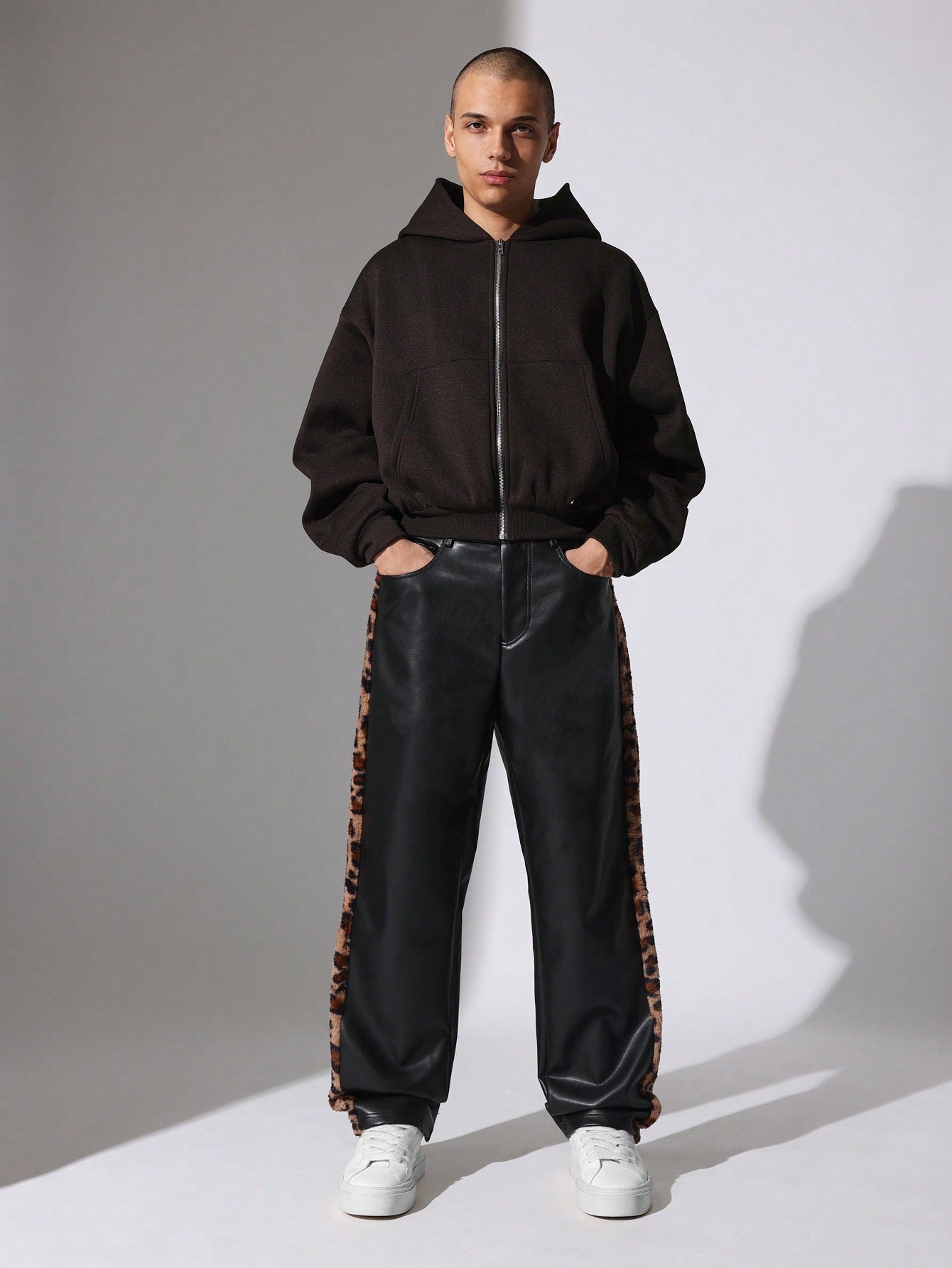 Straight Fit PU Pants With Leopard Side Tape