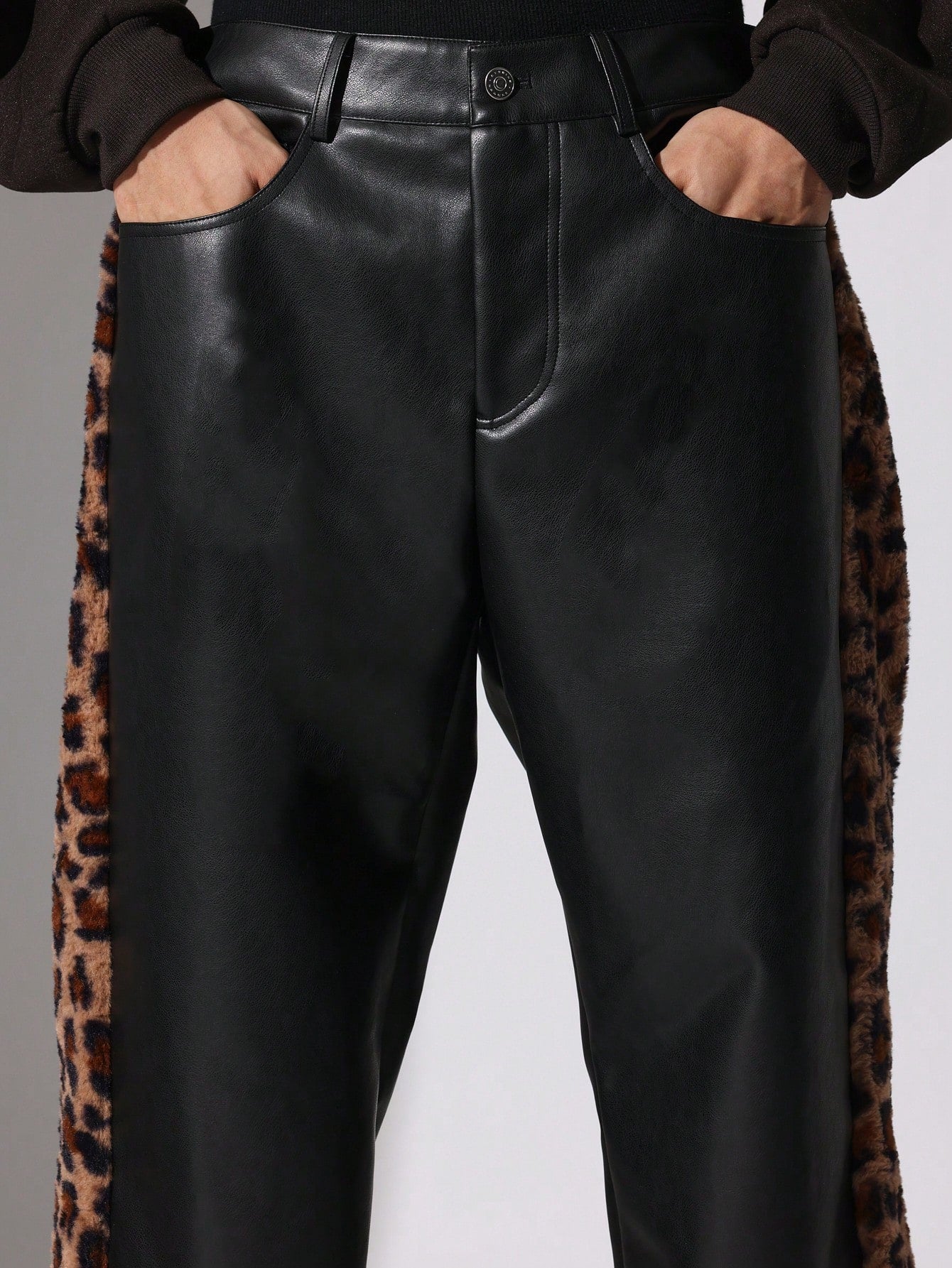 Straight Fit PU Pants With Leopard Side Tape