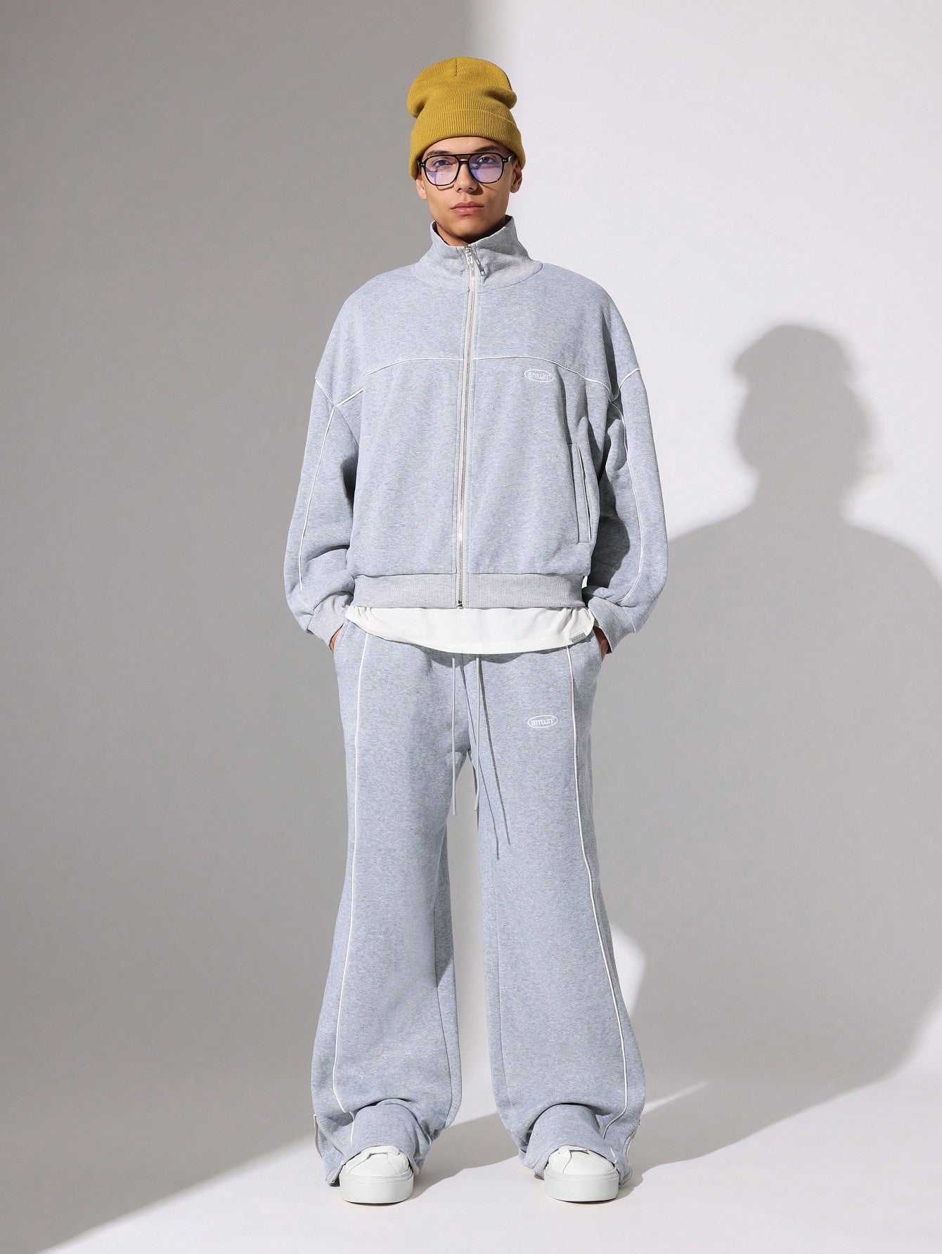 Crop Fit Zip-Up Funnel Neck Track Jacket And Slim Fit Sweatpants With Embroidery & Piping 2 Piece Set