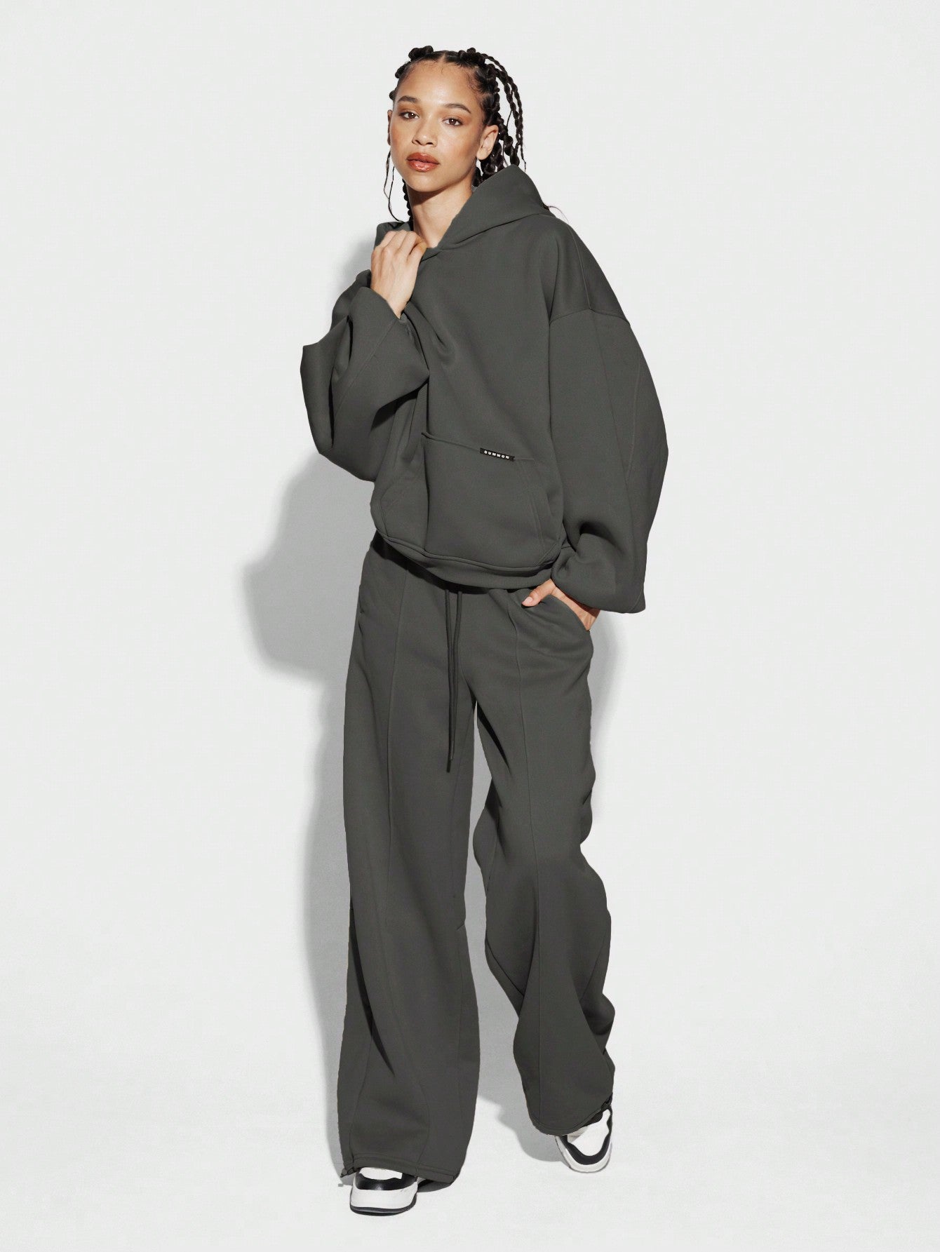 SUMWON WOMEN Overhead Hoodie With Kangaroo Pocket And Sweatpants With Pintucks Detail 2 Piece Set